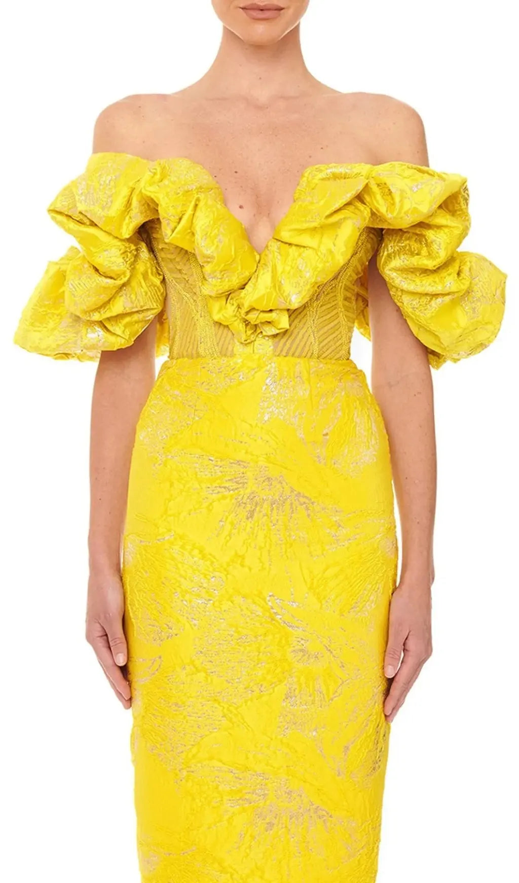 Fashionslee Women Jacquard Strapless Lace Midi Dress In Yellow