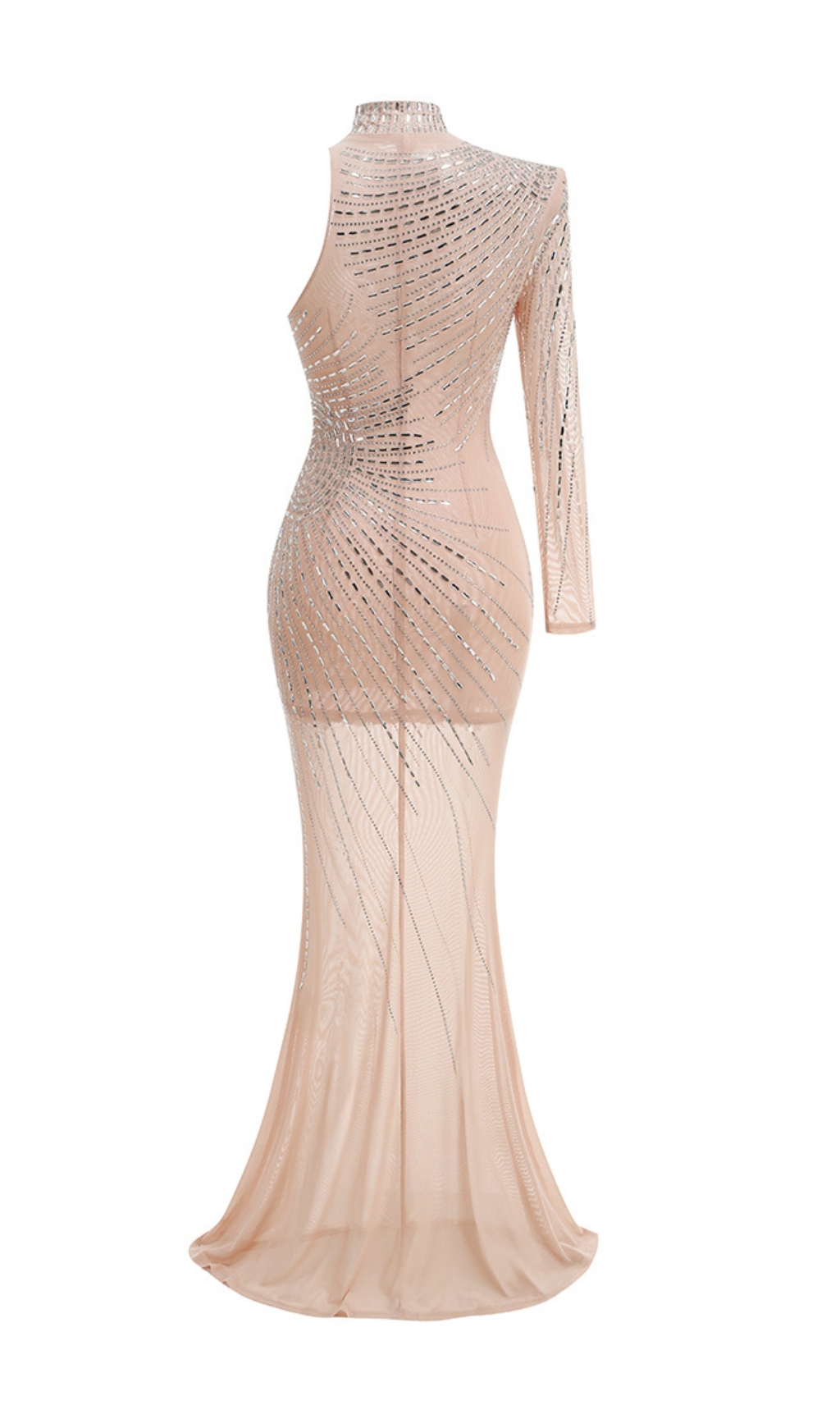 36ccc5d6caca7cd2c520237e66d8b49a.jpg Fashionslee Women Nude One Sleeve Embellished Mesh Maxi Dress