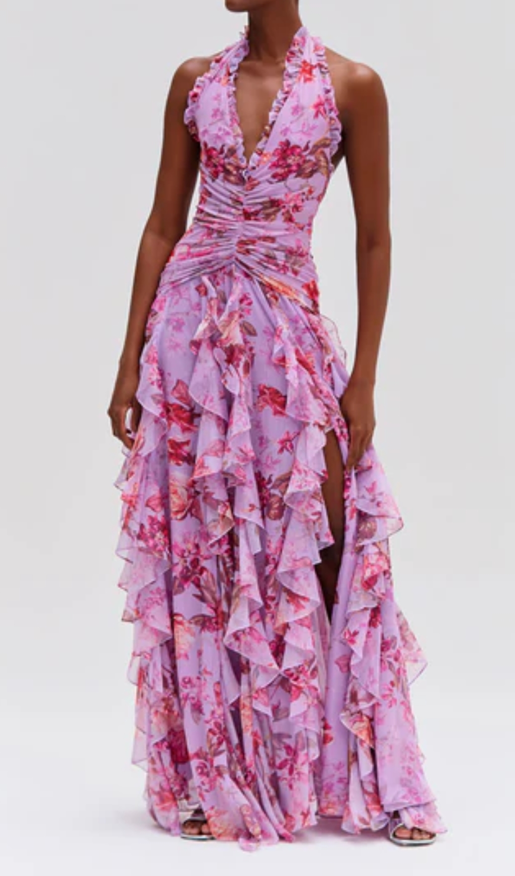 Fashionslee Women Delicah Pink Halter Floral Ruffle Maxi Dress