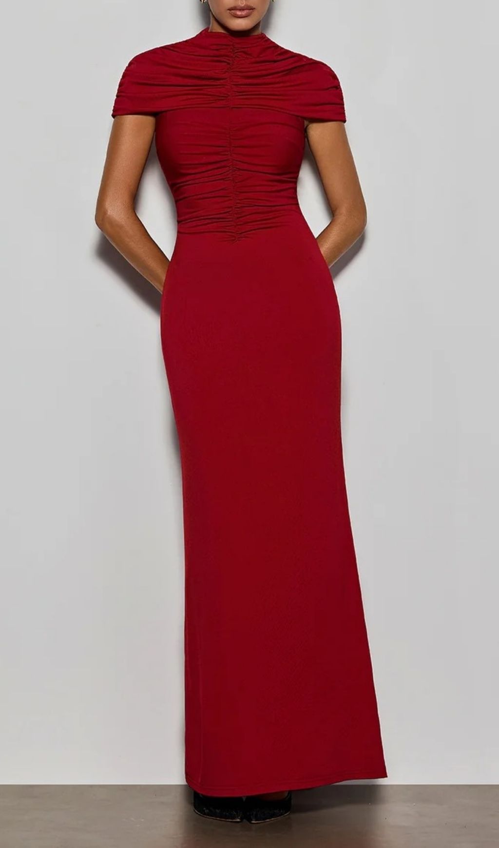 Fashionslee Women Delma Wine Ruched Bodycon Maxi Dress