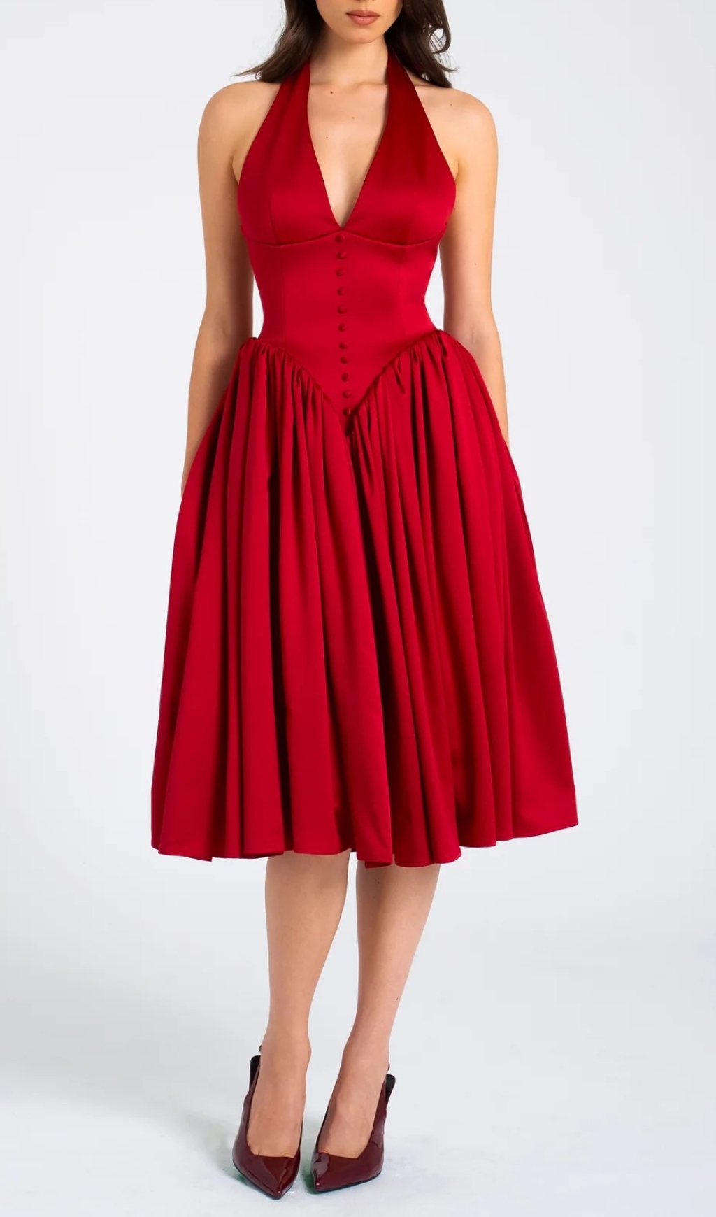 Fashionslee Women Chrissy Red Plunging Halter Backless Maxi Dress