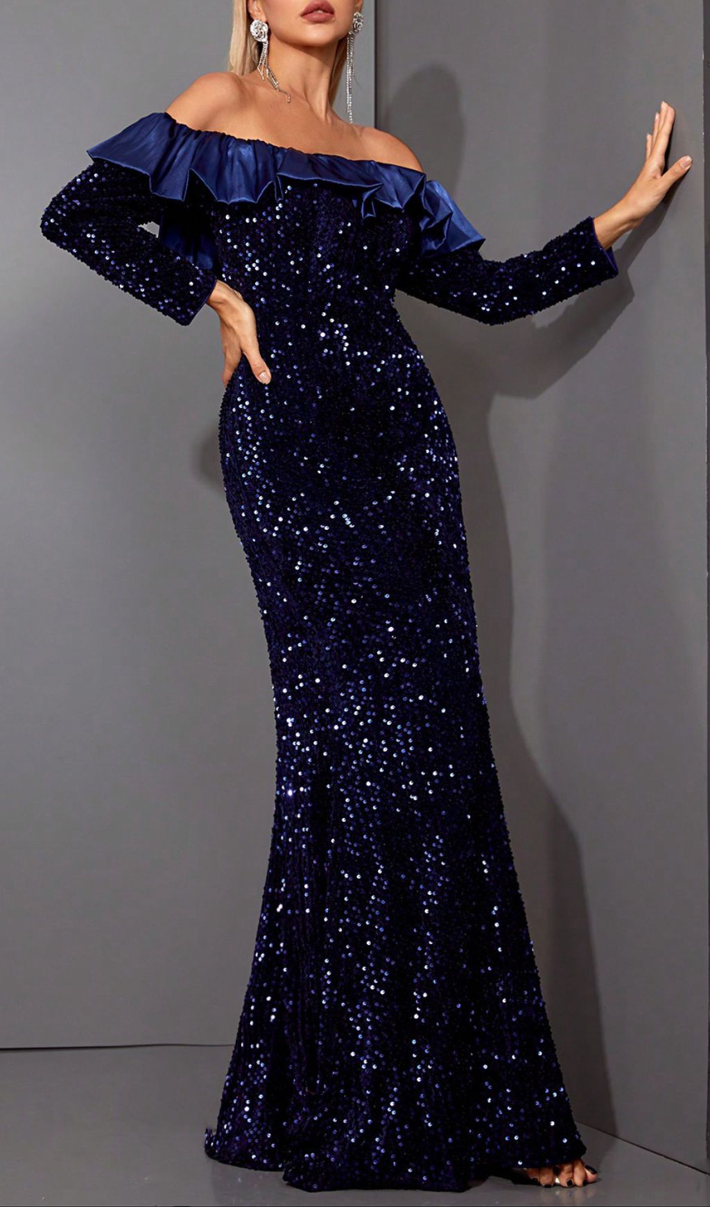 Fashionslee Women Hudson Blue Off-Shoulder Sequin Maxi Dress