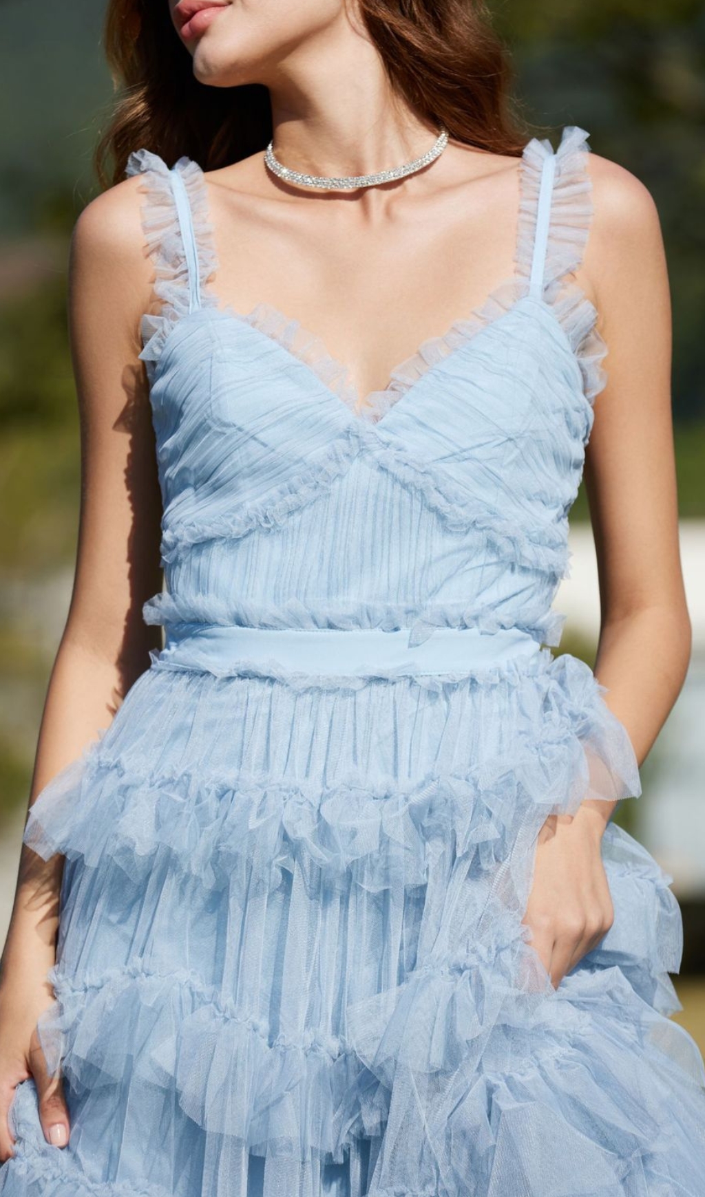 Fashionslee Women Blue Ruffle V Neck Sleeveless Tiered Tulle Maxi Dress