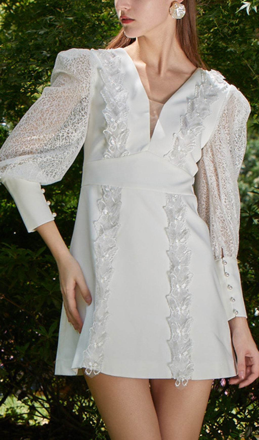 Fashionslee Women White Lace V-Neck Long-Sleeved Mini Dress