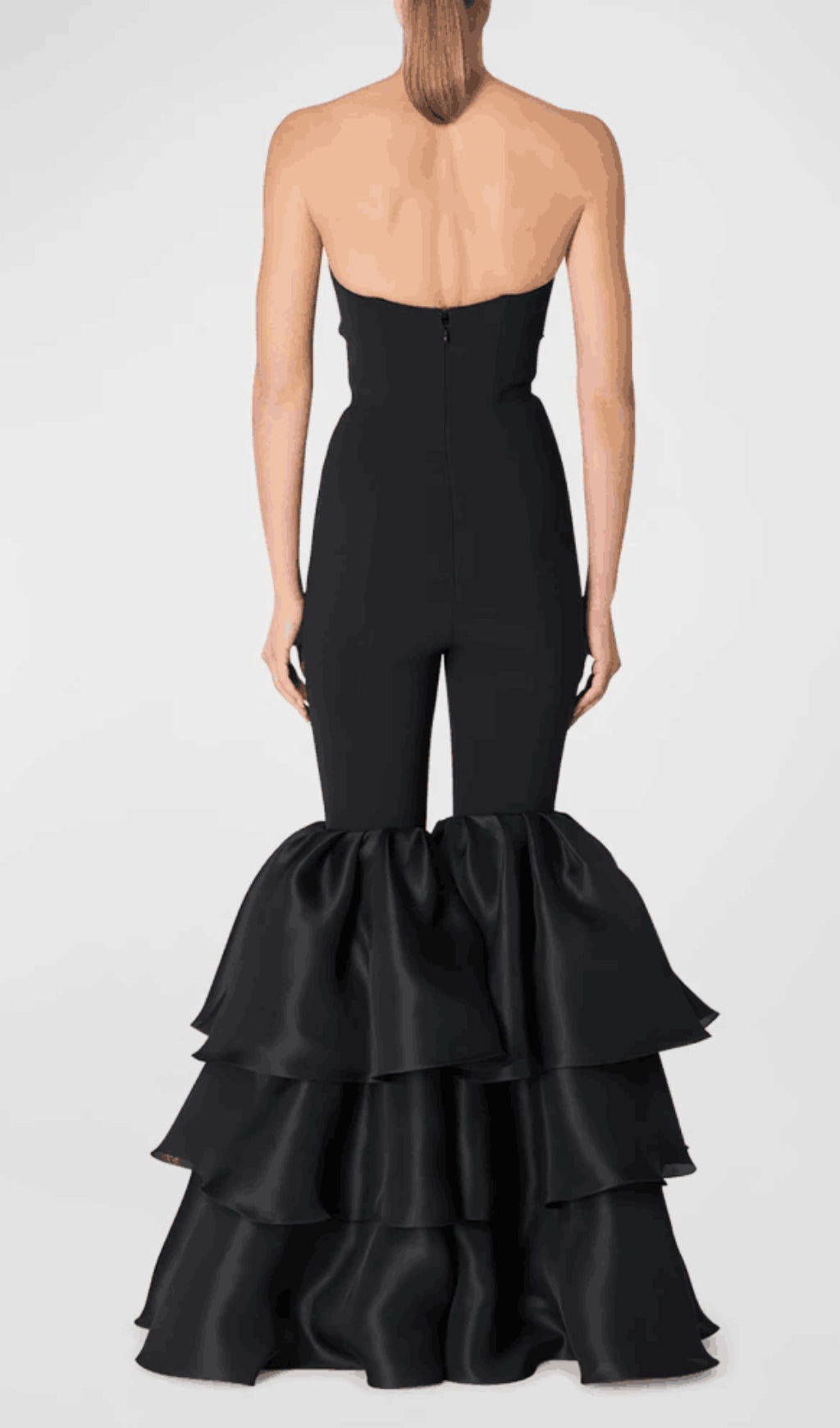 Fashionslee Women Black Strapless Jumpsuit With Tiered Ruffle Hem