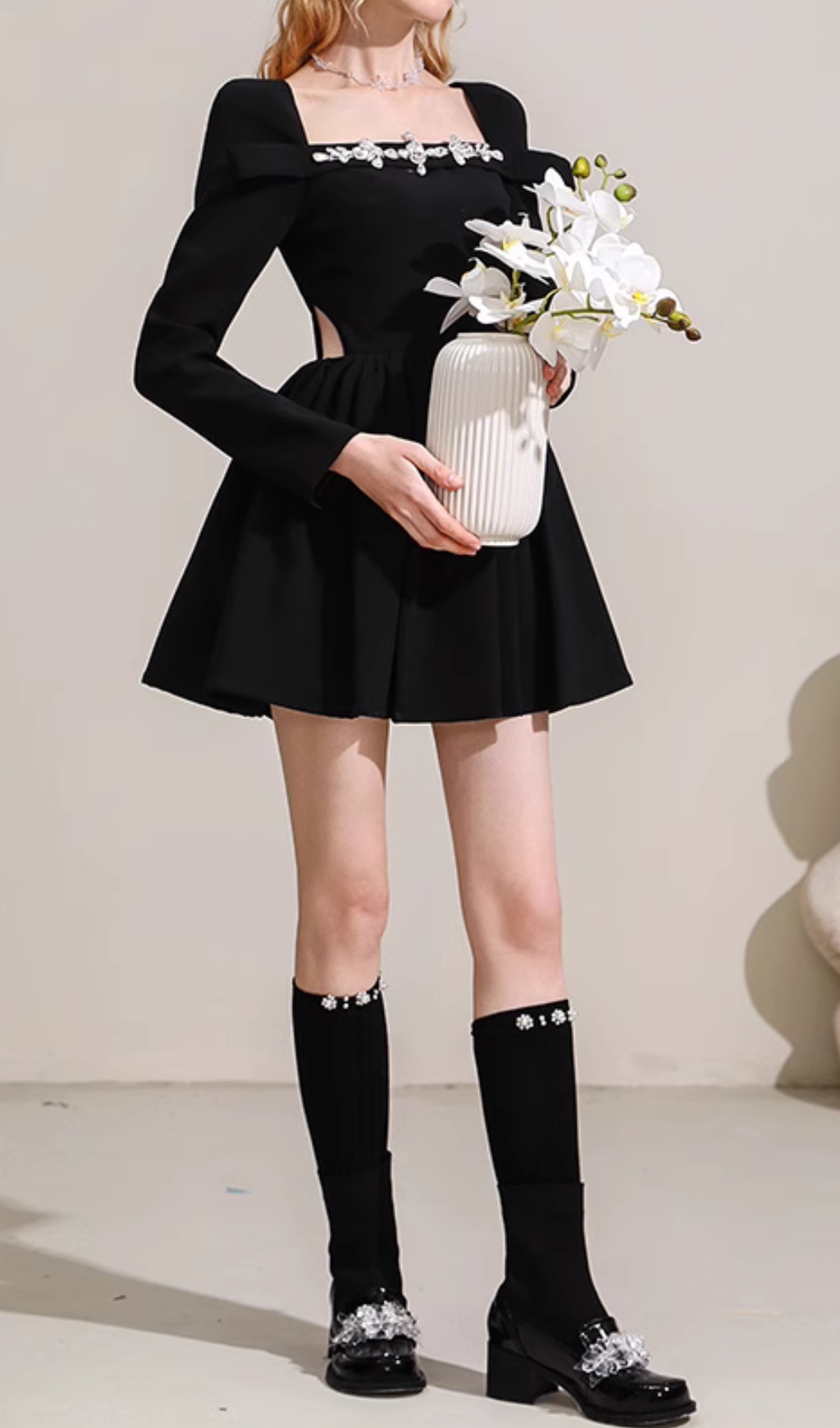 37e4a3ec63b9f98821b4346a4ff8e254.jpg Fashionslee Women Cathal Black Long Sleeve Crystal Mini Dress