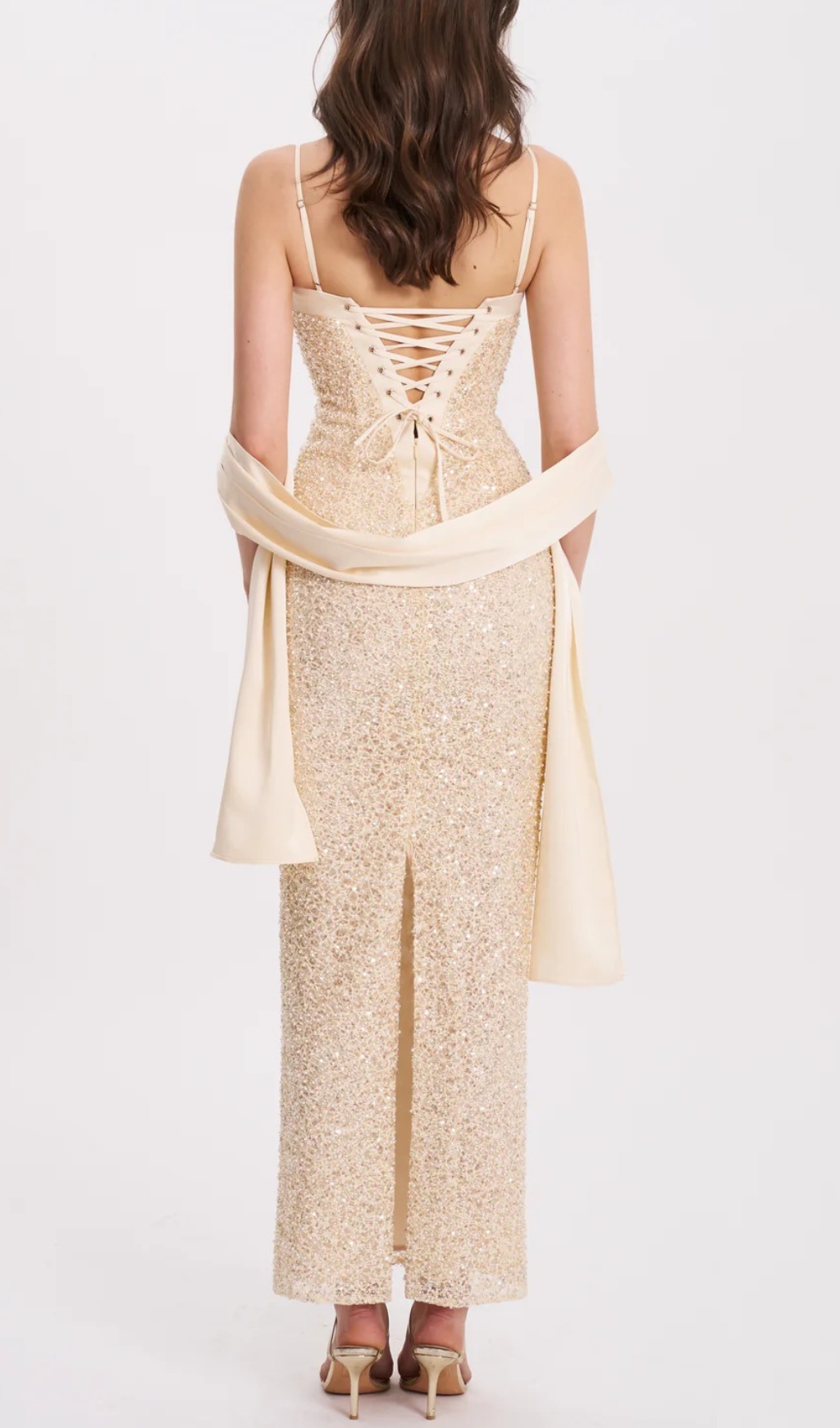 Fashionslee Women Raizel Gold Beaded Sequin Bodycon Gown with Scarf