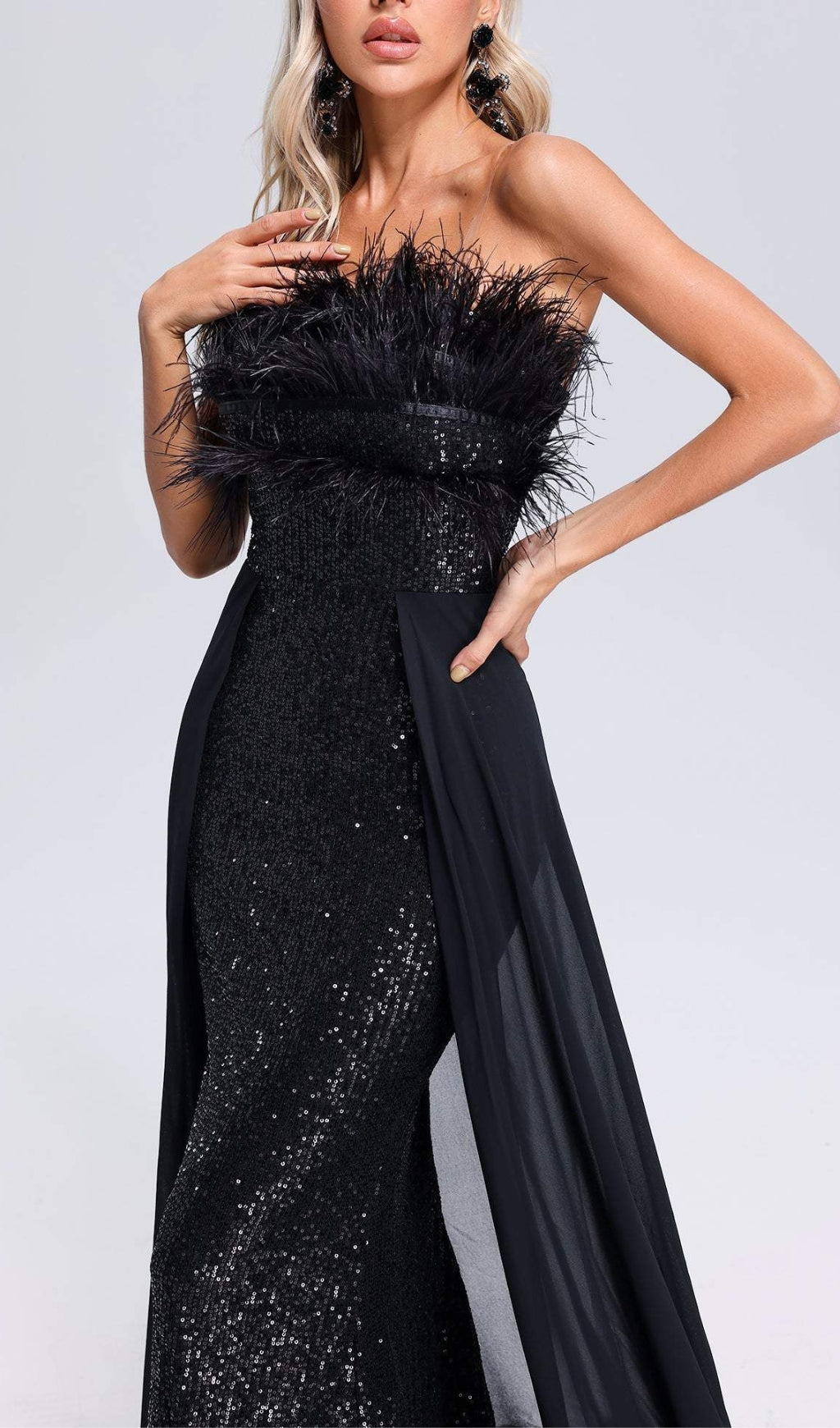 3802562cde40ef05981b754ebf15a024.jpeg Fashionslee Women Adams Black Feather Sequin Maxi Dress