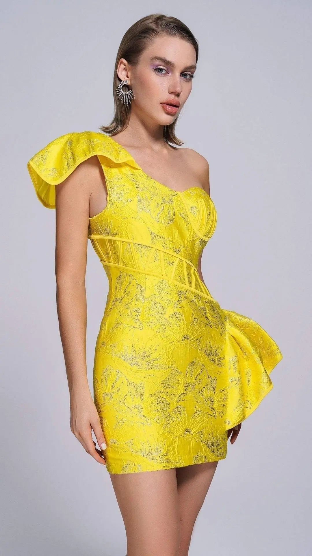 Fashionslee Women Jacquard One Shoulder Mini Dress In Yellow