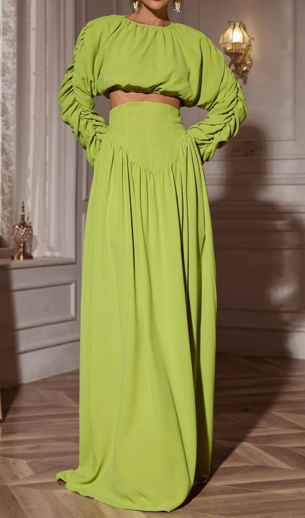 38296c6be8dcaf12af2668ceacceea07.jpg Fashionslee Women Cricket Green Long Sleeve Ruched Skirt Set