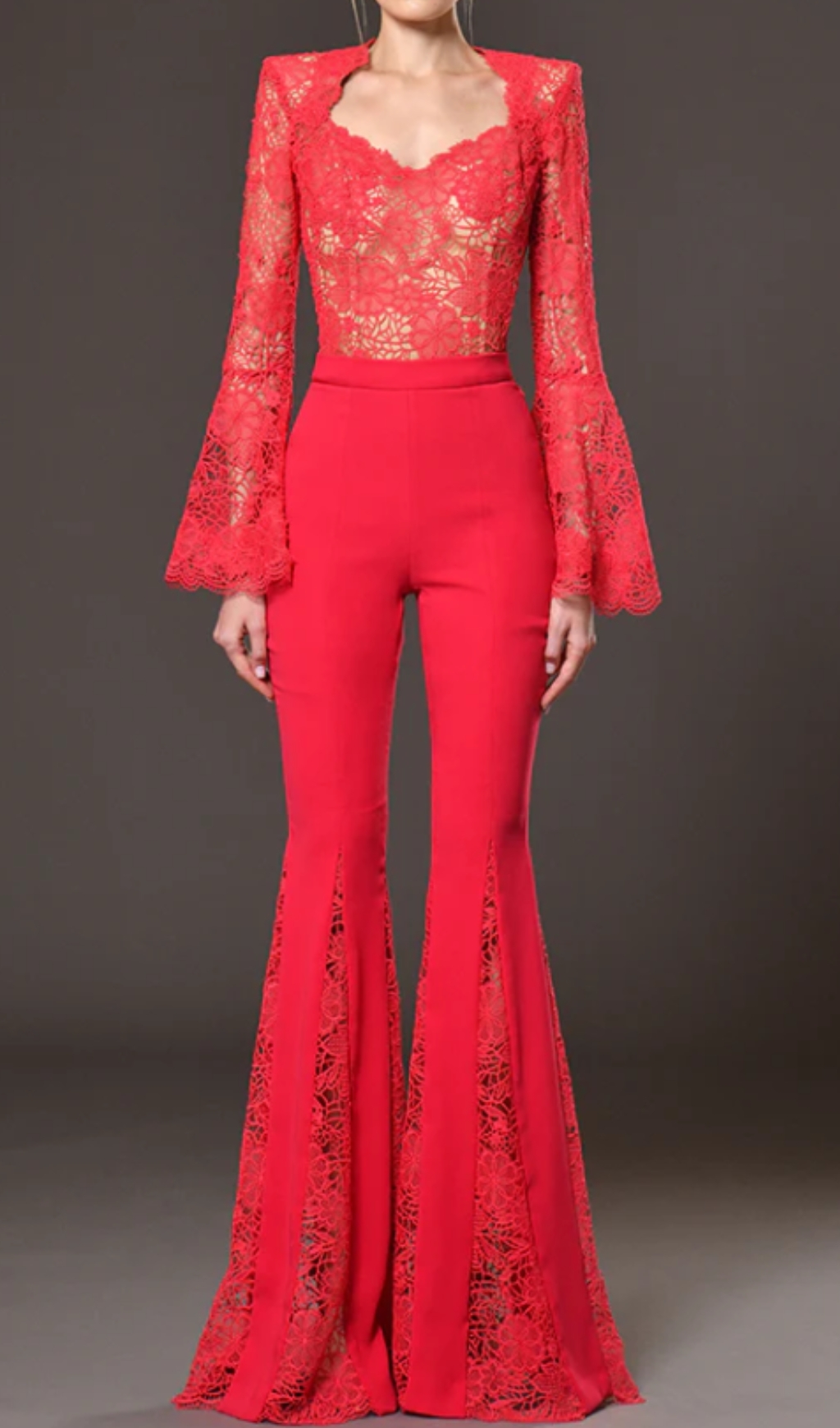 Fashionslee Women Charli Red Lace Long Sleeve Jumpsuit