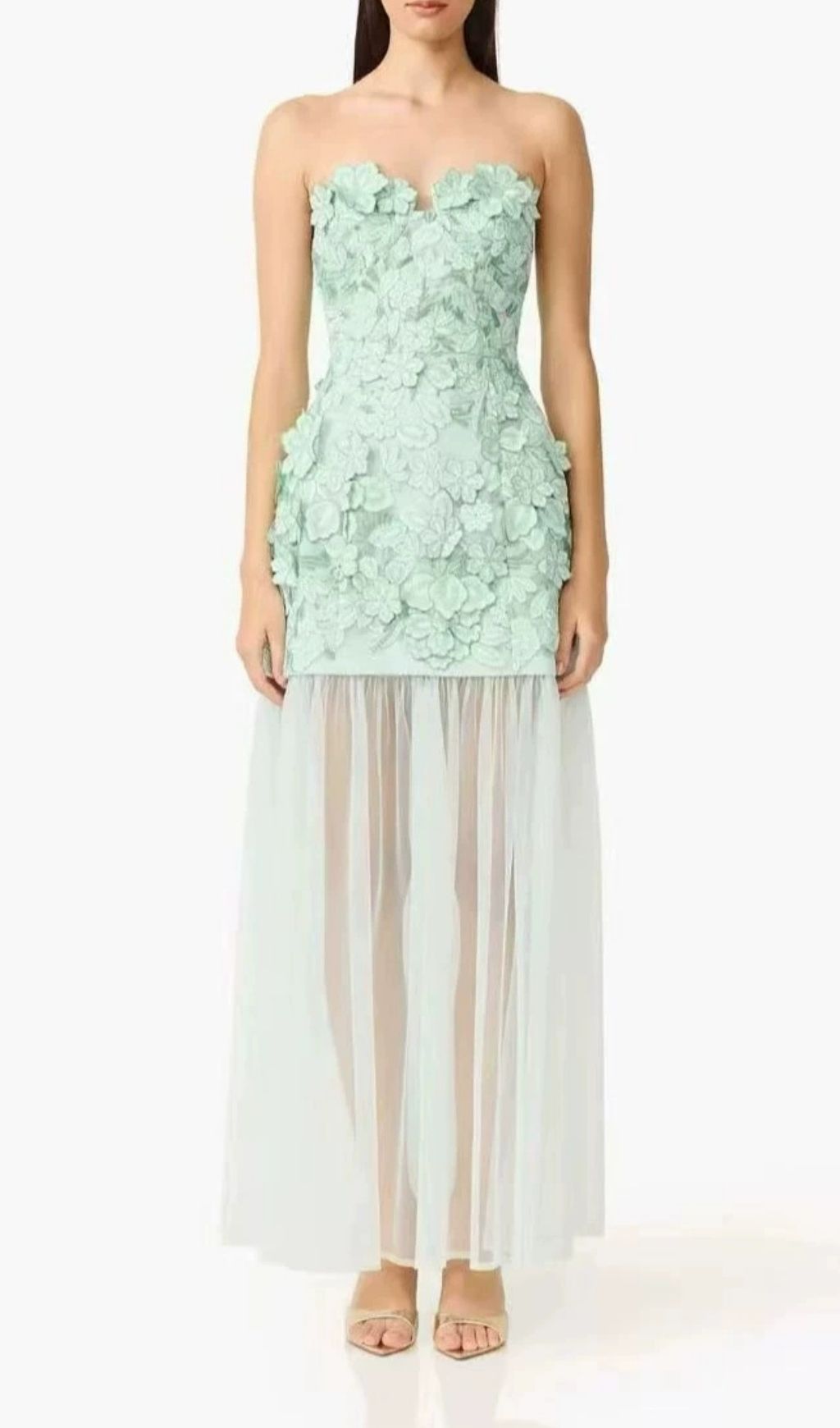 Fashionslee Women Kismet Green 3D Flower Mesh Maxi Dress