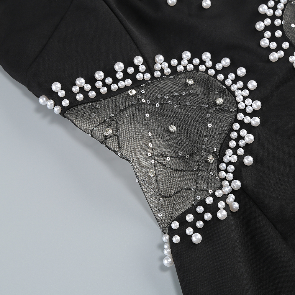 38bff4f8f38929dfc409174d8c16f1e1.jpg Fashionslee Women Chocho Black V-Neck Pearl Mini Dress