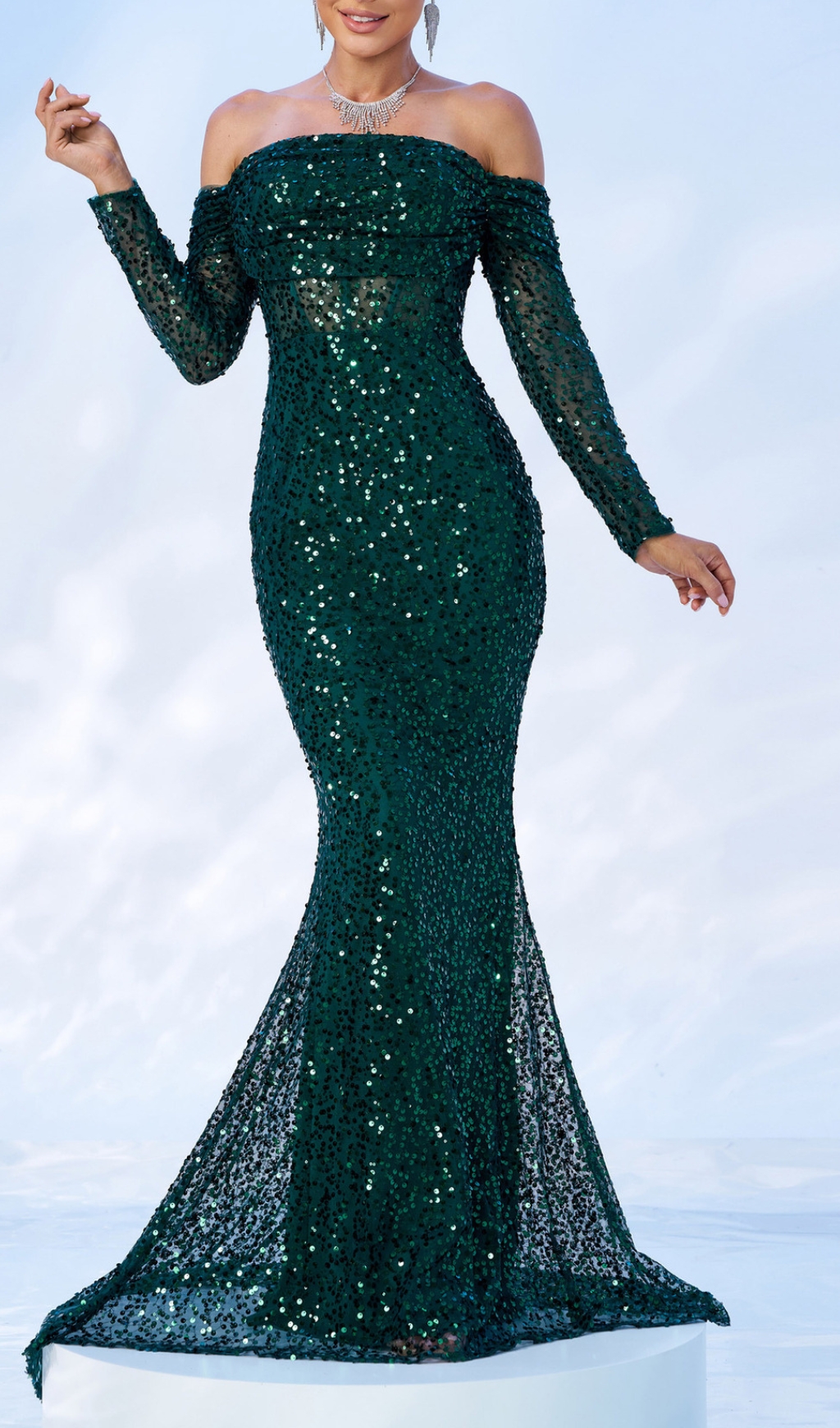 Fashionslee Women Corbett Green Off-Shoulder Maxi Dress