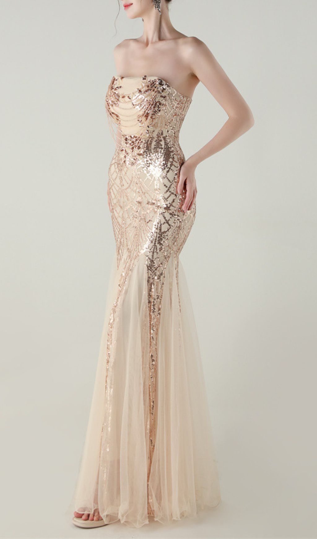38df42dd437b508a3df8c429f94c2750.jpg Fashionslee Women Ikuye Strapless Sequin Mesh Maxi Dress