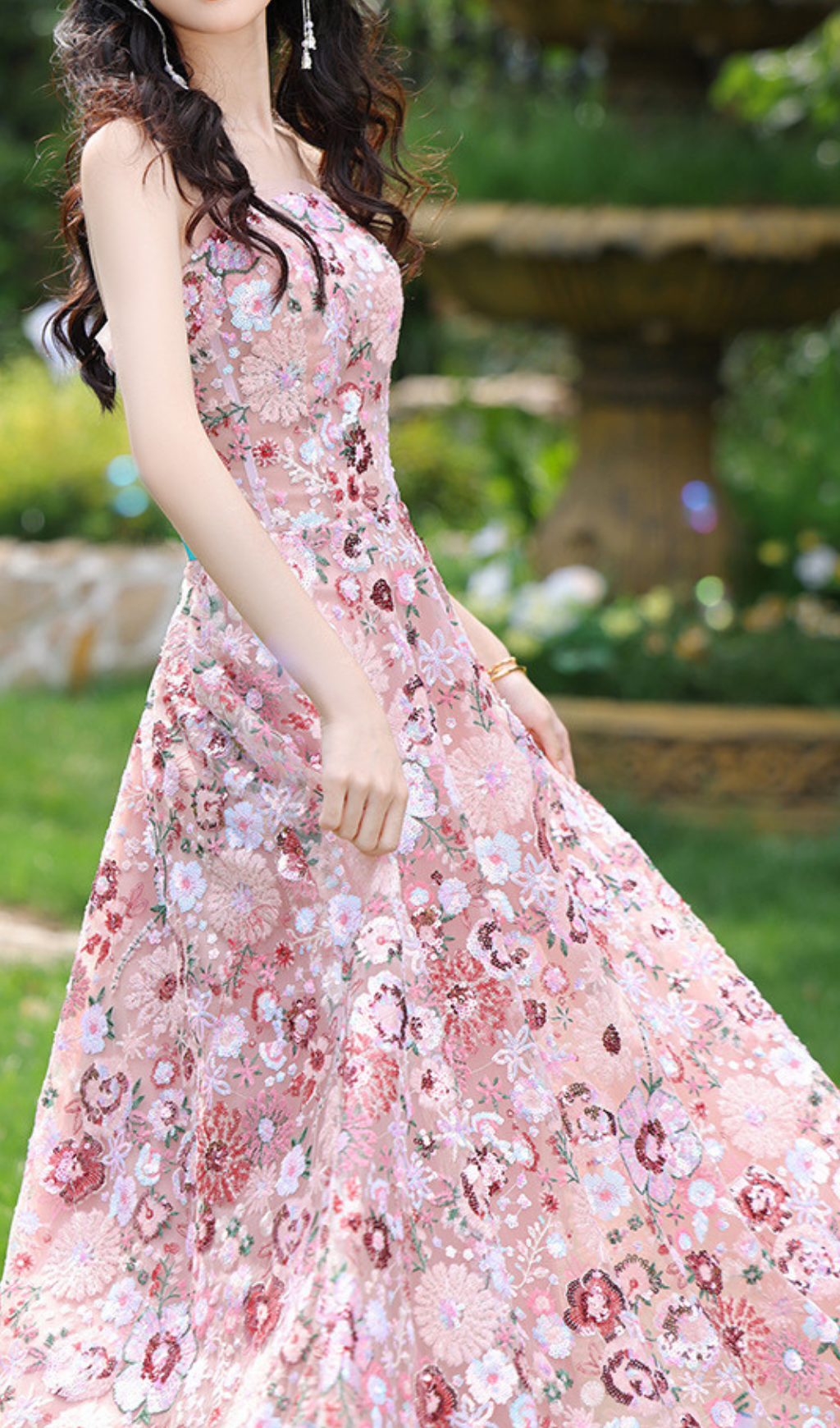 Fashionslee Women Geovany Pink Strapless Flower Sequin Maxi Dress
