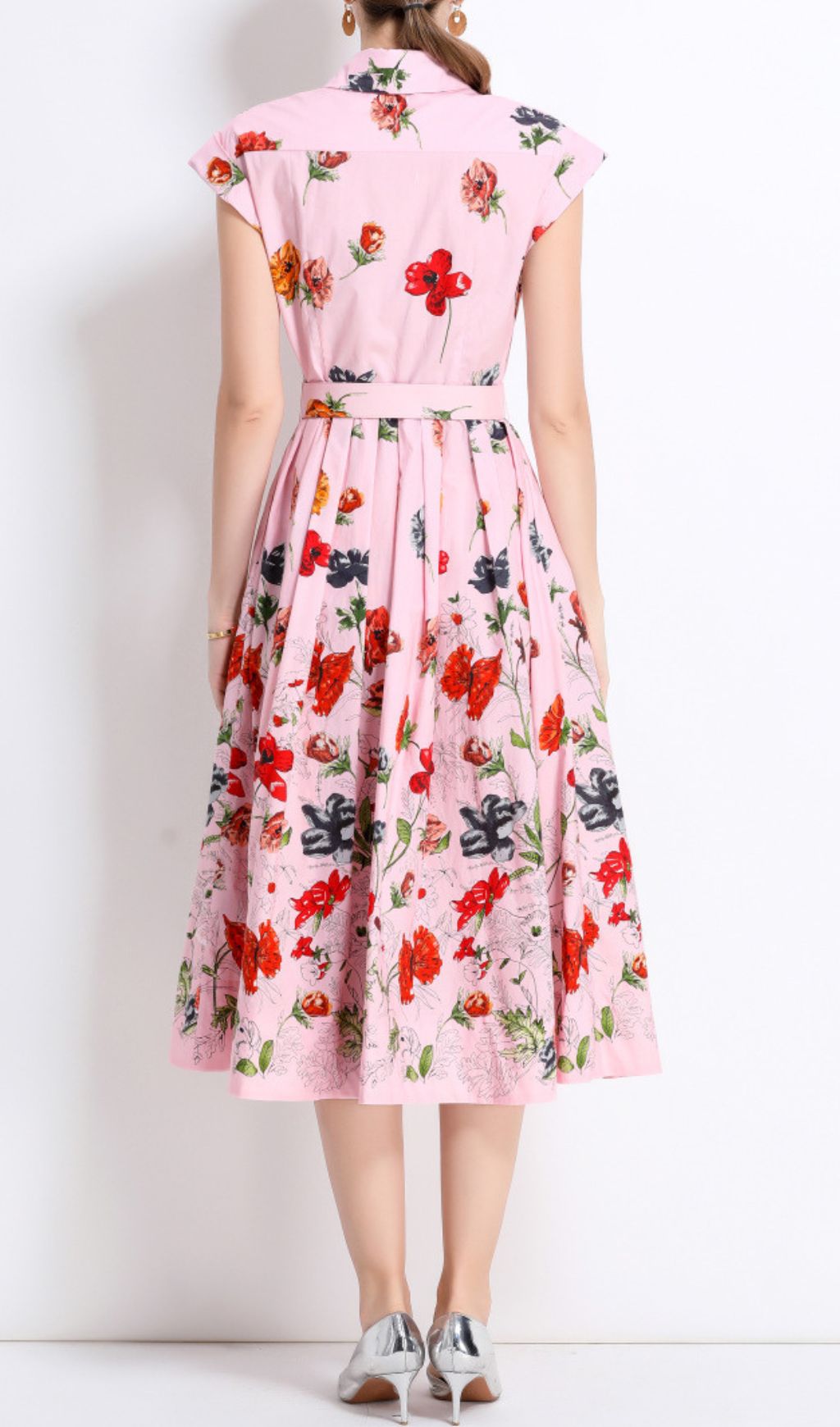 Fashionslee Women Fusca Pink Flower Printed Midi Dress