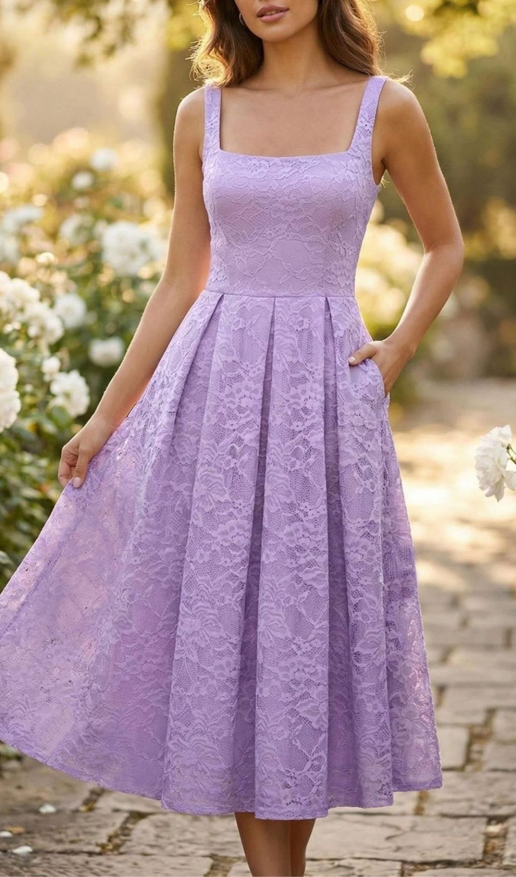 Fashionslee Women Keona Purple Lace Square Neck Midi Dress
