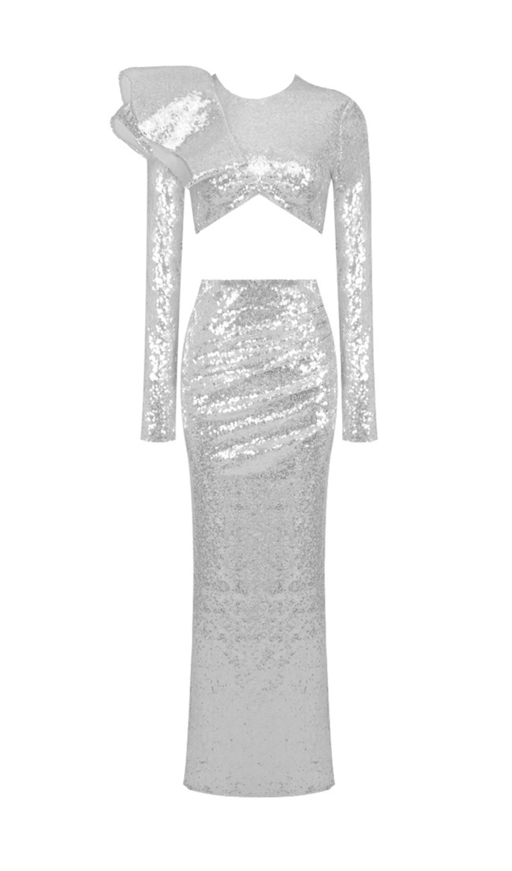 Fashionslee Women Long Sleeve Sequin Maxi Two Piece Dress Silver