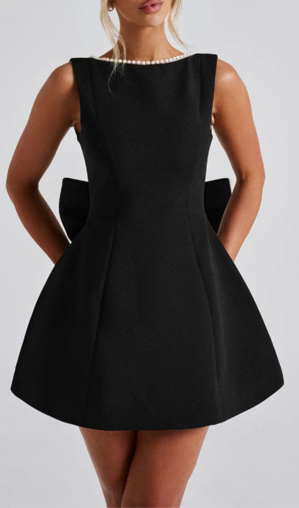 Fashionslee Women Eimear Black Backless Pearl Bow Mini Dress