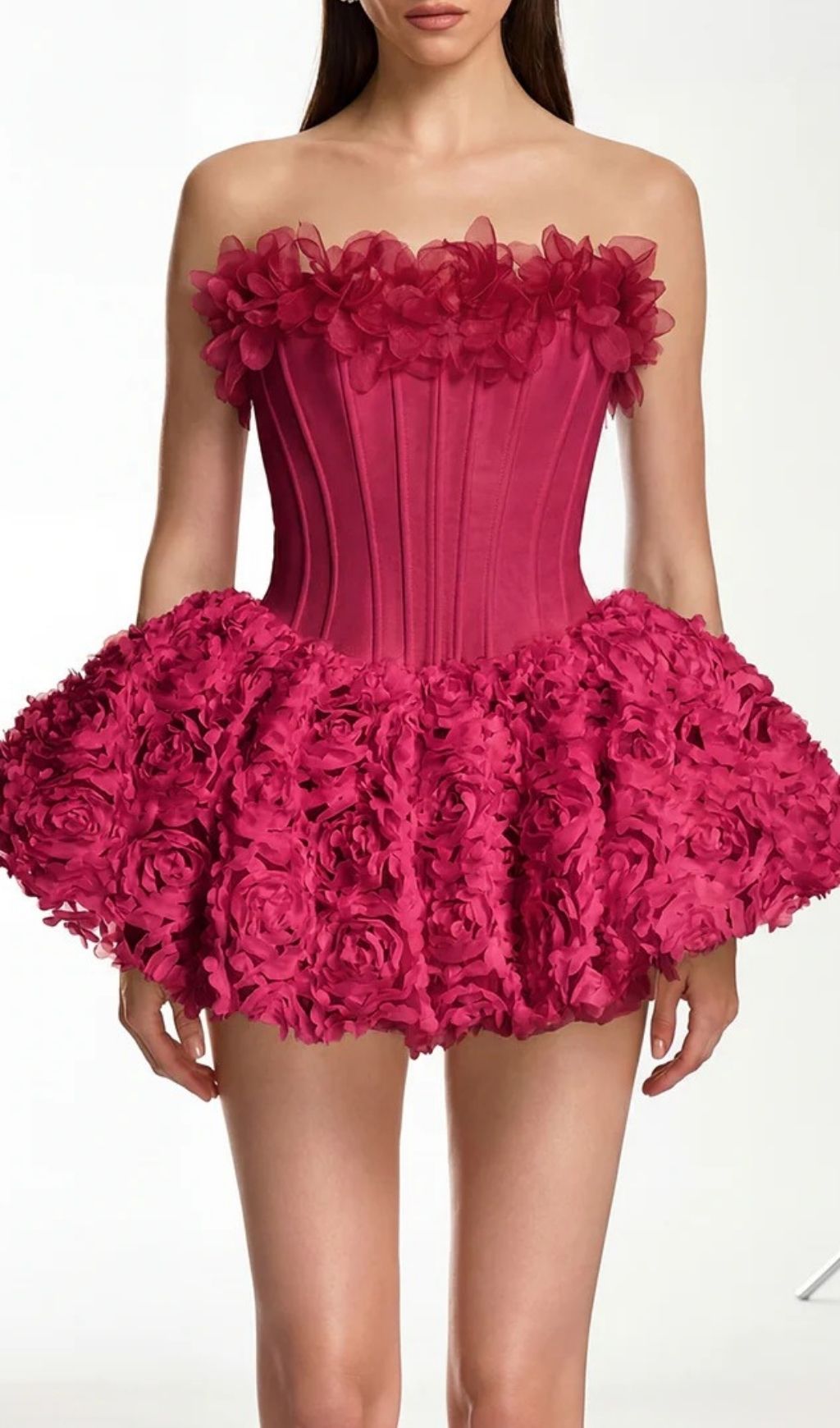 Fashionslee Women Ulthar Strapless Flower Mini Dress In Hot Pink