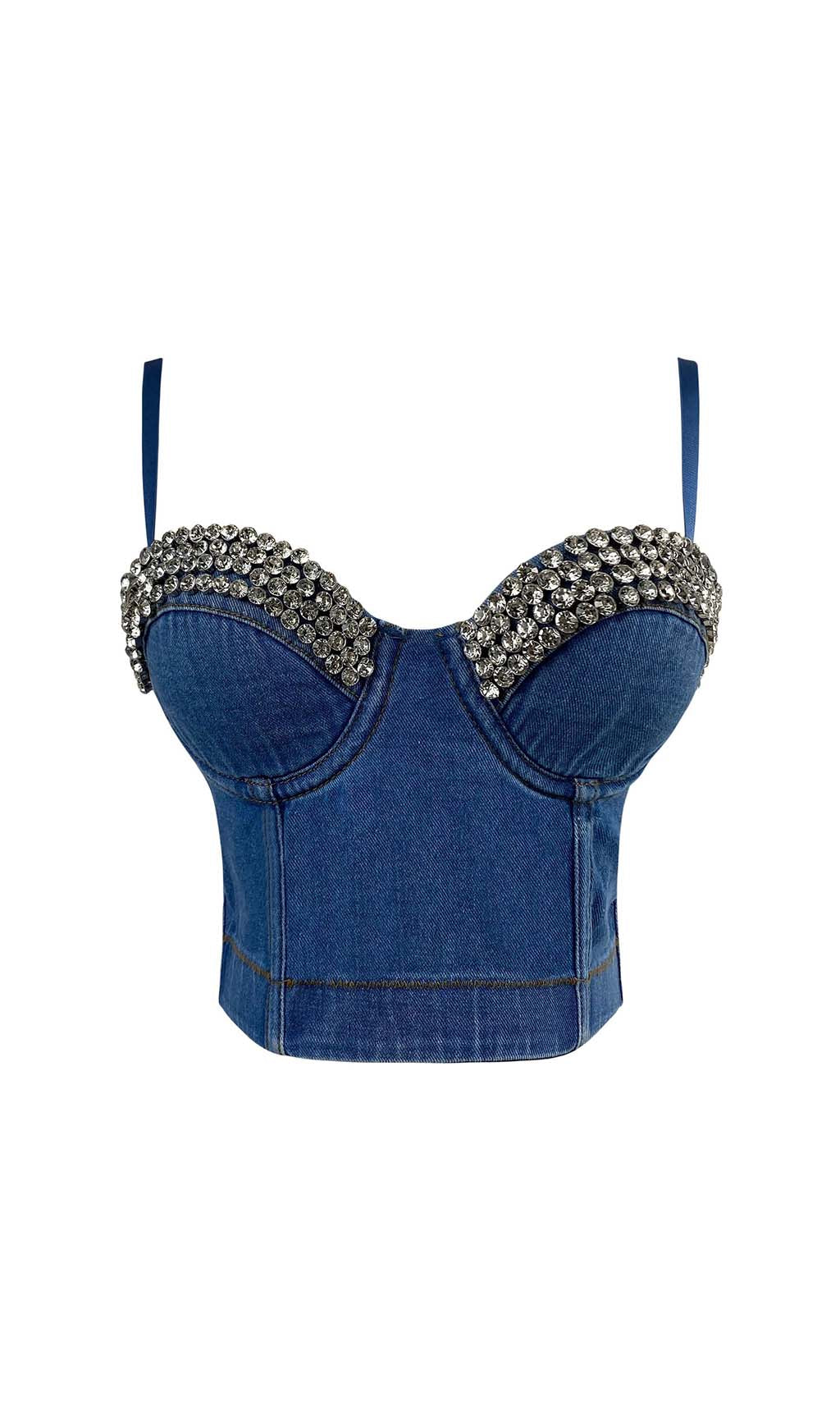 Fashionslee Women Rhinestone Backless Cropped Top In Navy Blue