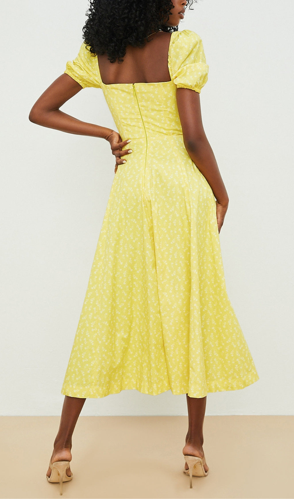 Fashionslee Women Vintage Floral Puff Sleeve Midi Dress In Yellow