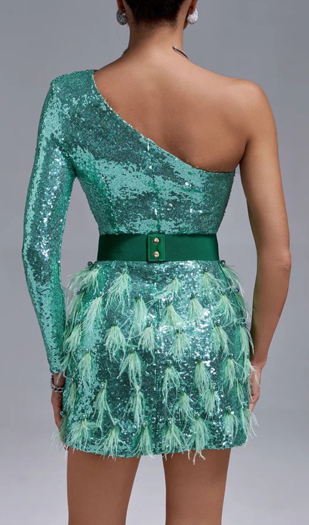 Fashionslee Women Akanksha Green Feather Sequins Mini Dress