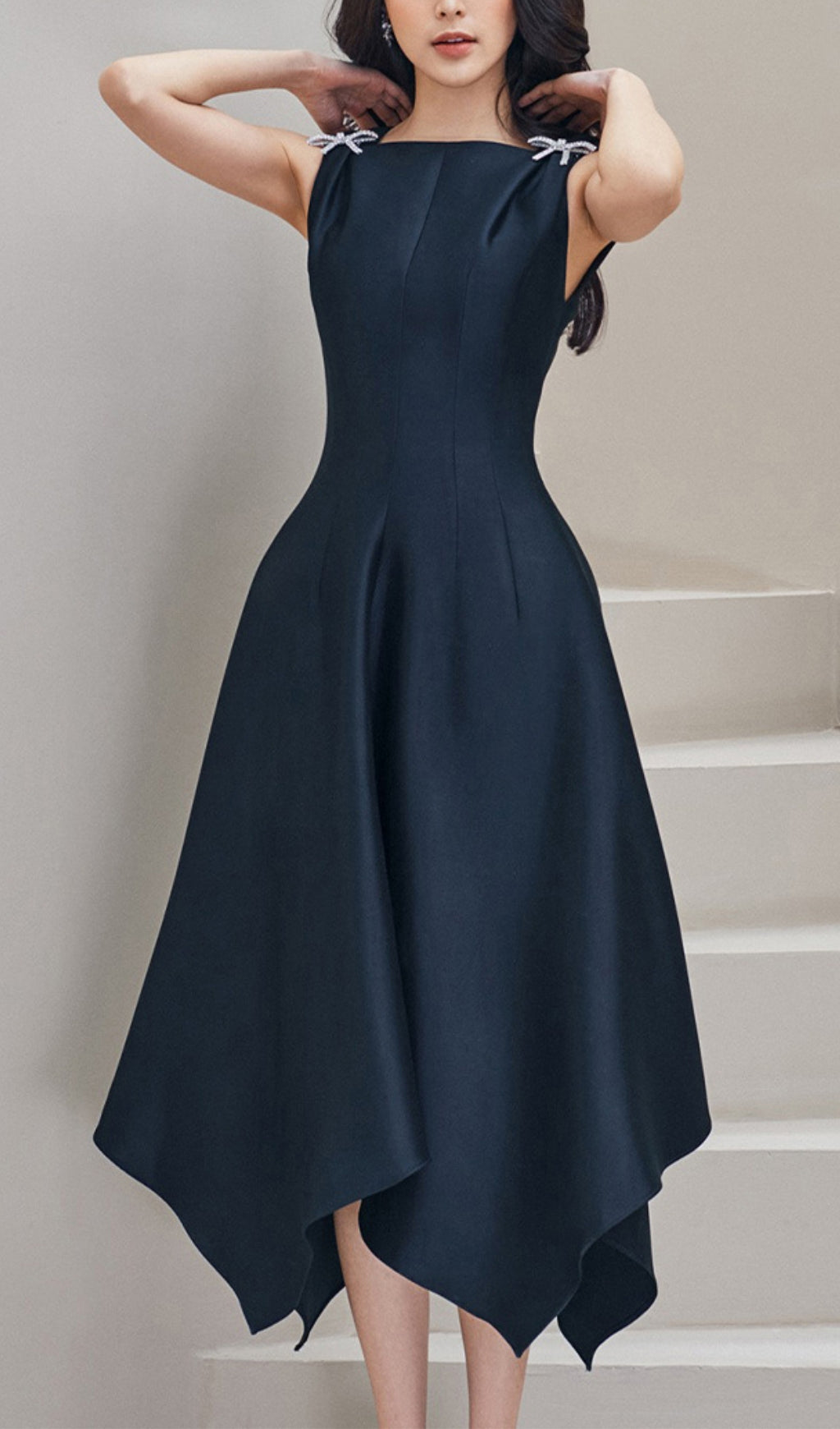 Fashionslee Women Black Butterfly Sleeveless High Waist Irregular Swing Midi Dress