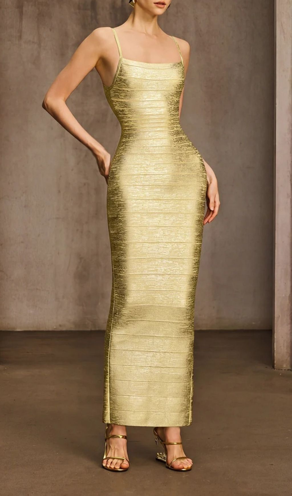 Fashionslee Women Donyelle Spaghetti Bandage Bodycon Maxi Dress In Gold