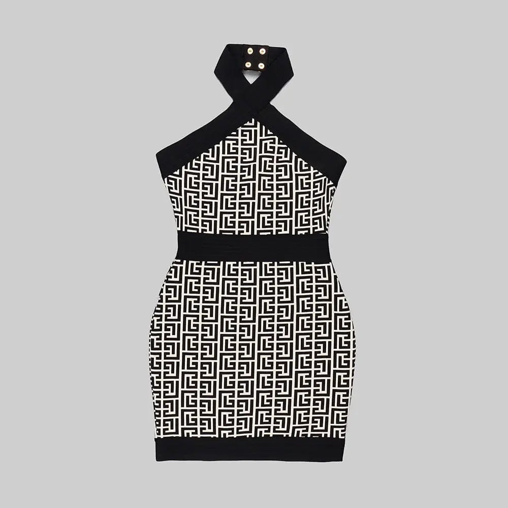 3a51ad3a03ae49f9d230f8b7eae4d5f8.jpeg Fashionslee Women Halter Monogram Mini Dress In Mixed Colours