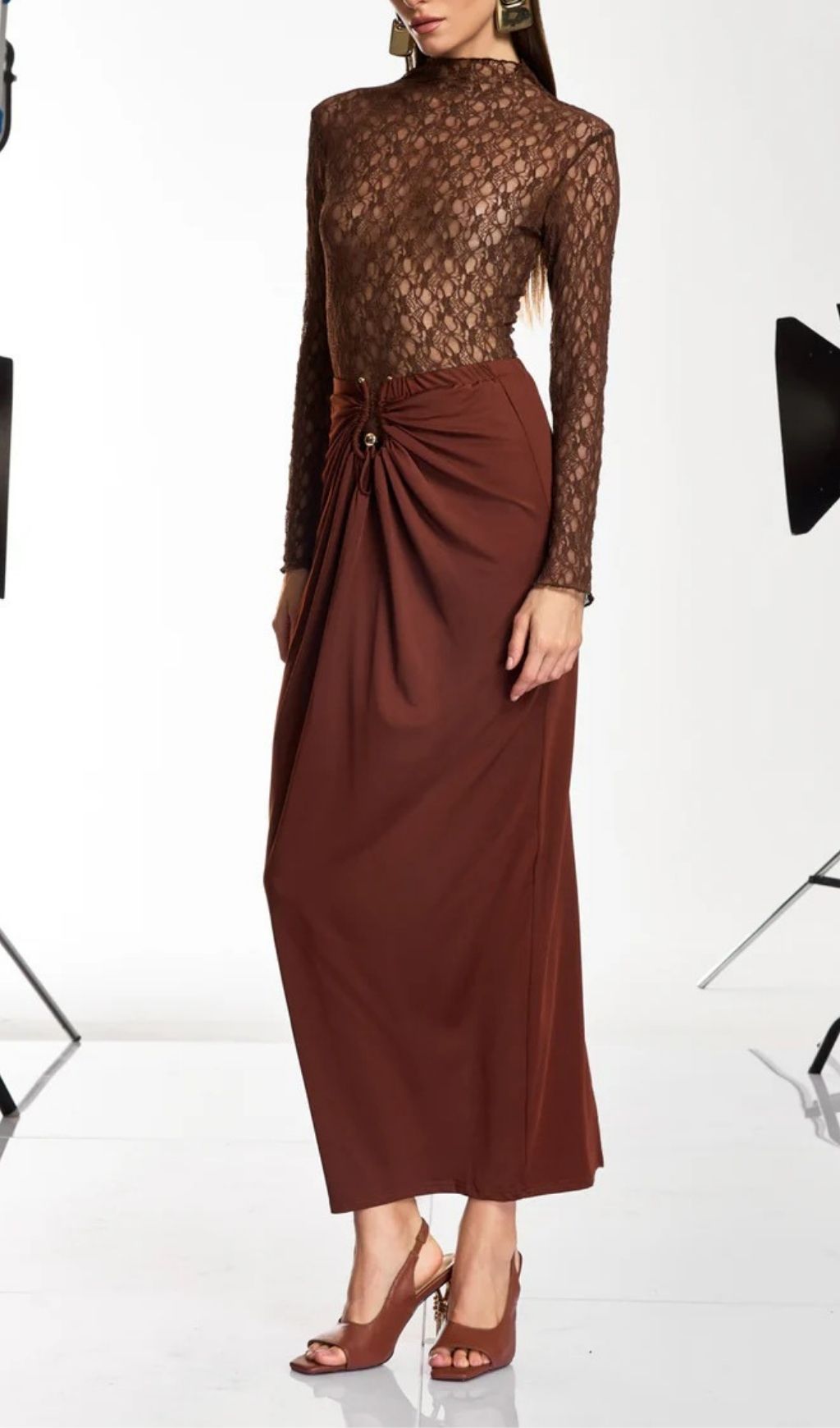 Fashionslee Women Darcila Long Sleeve Lace Ruched Skirt Set