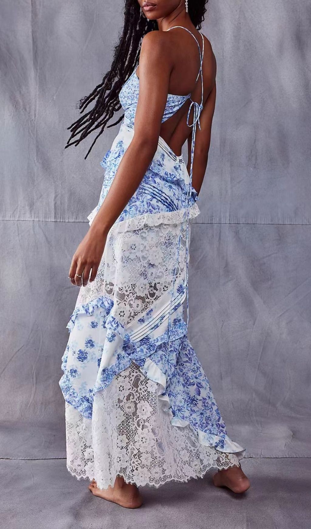 Fashionslee Women Georgia Blue V Neck Floral Print Lace Maxi Dress
