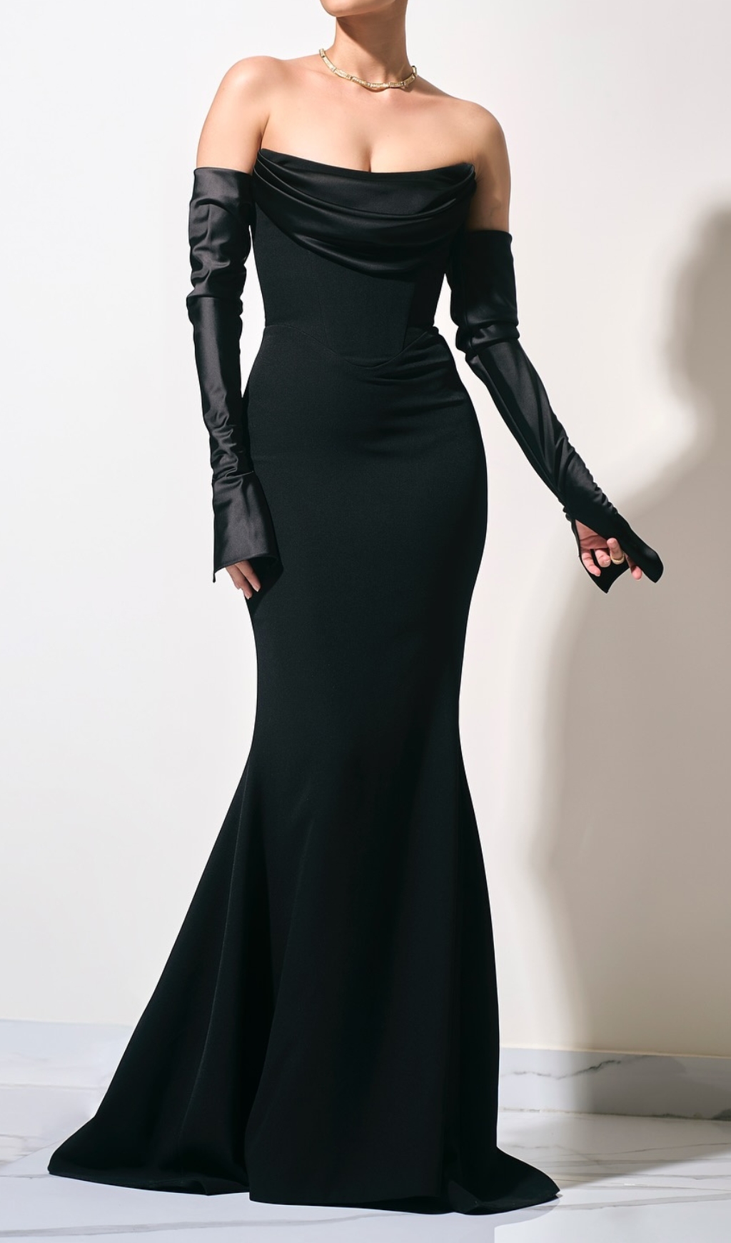 Fashionslee Women Deliz Black Long Sleeve Strapless Draped Maxi Dress