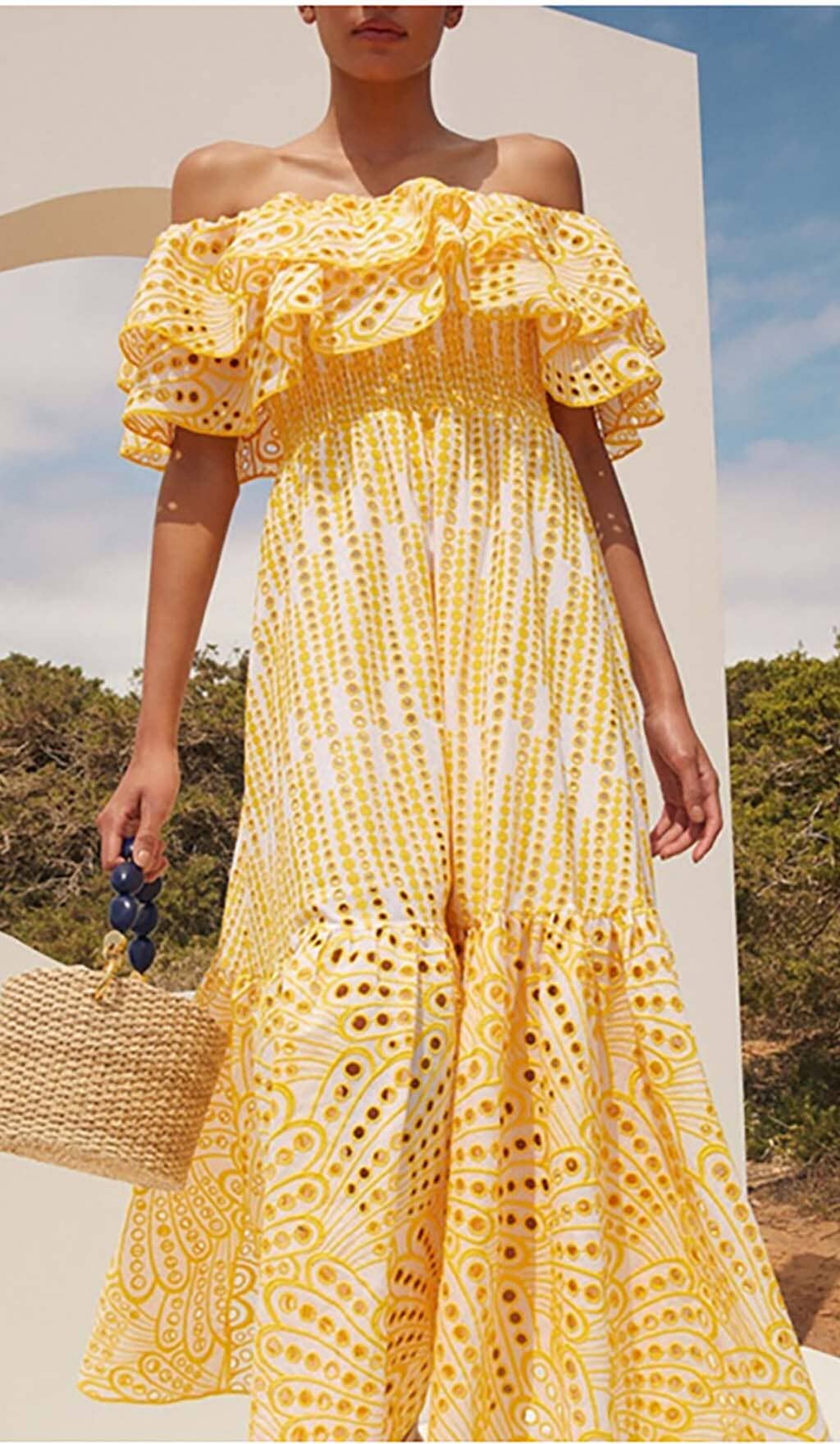 3abb3c308f6fe669194479532137263f.jpeg Fashionslee Women Ruffle Cold Shoulder Midi Dress In Yellow