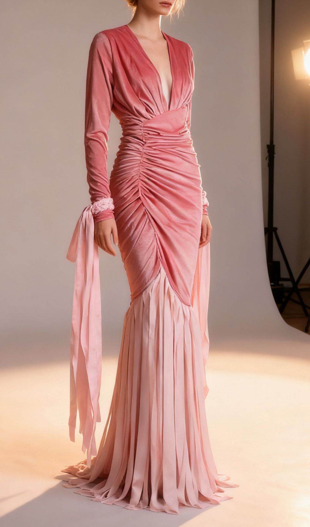 Fashionslee Women Jasmine Pink Velvet Ruched Tassel Maxi Dress