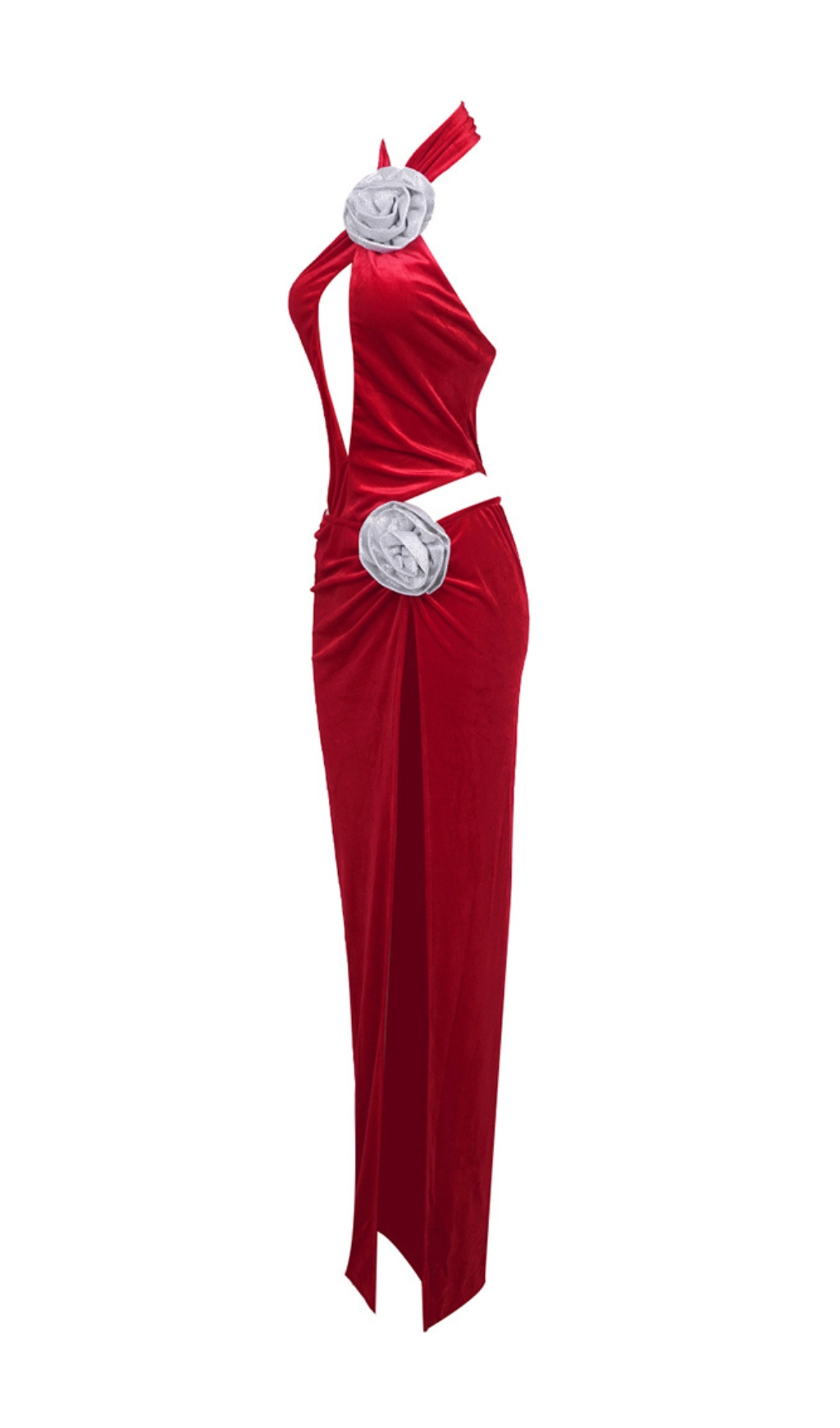 Fashionslee Women Badar Red Flower Cutout Velvet Maxi Dress