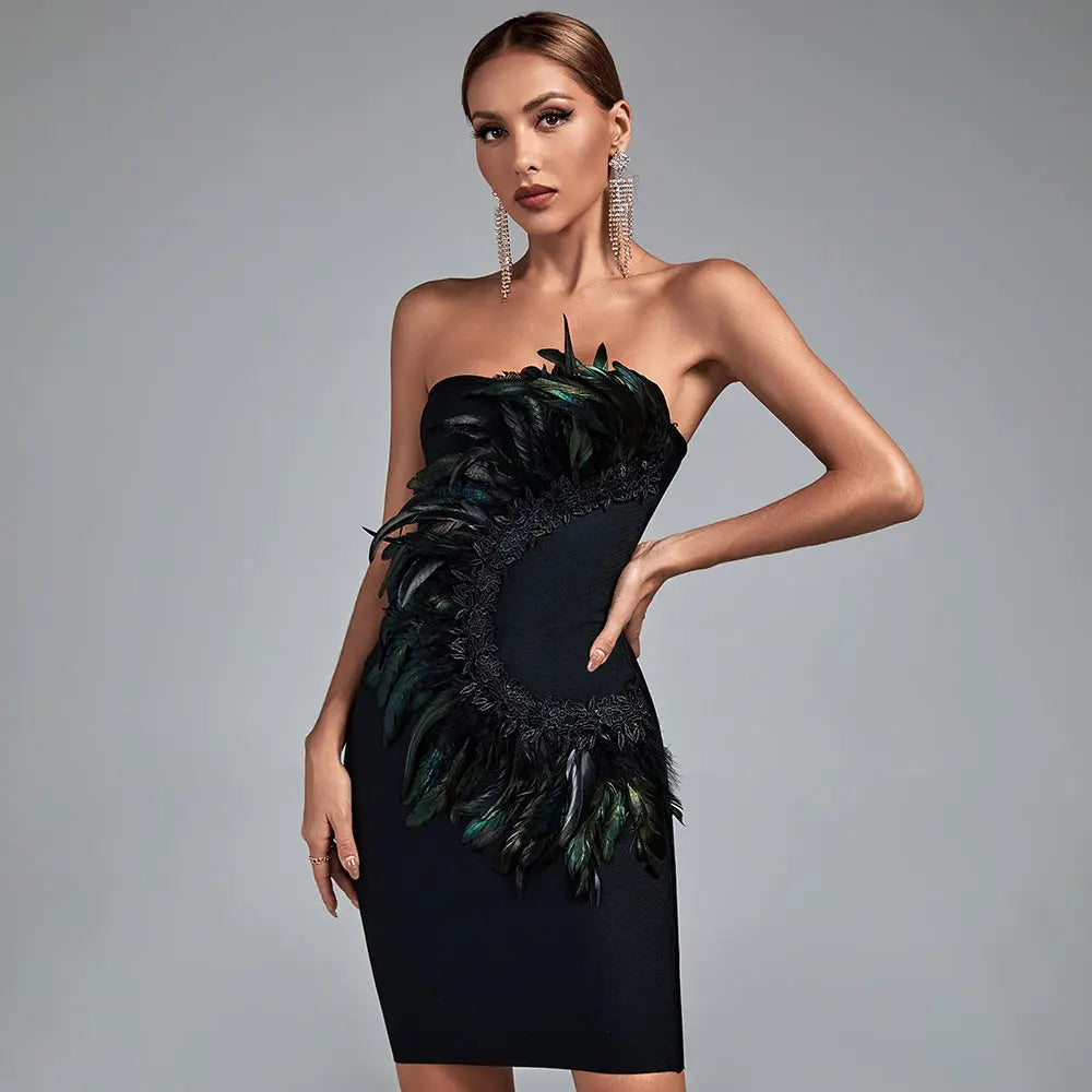 3b449589754d725ca86785cd1f9d7a36.jpeg Fashionslee Women Black Strapless Feather Midi Bandage Dress