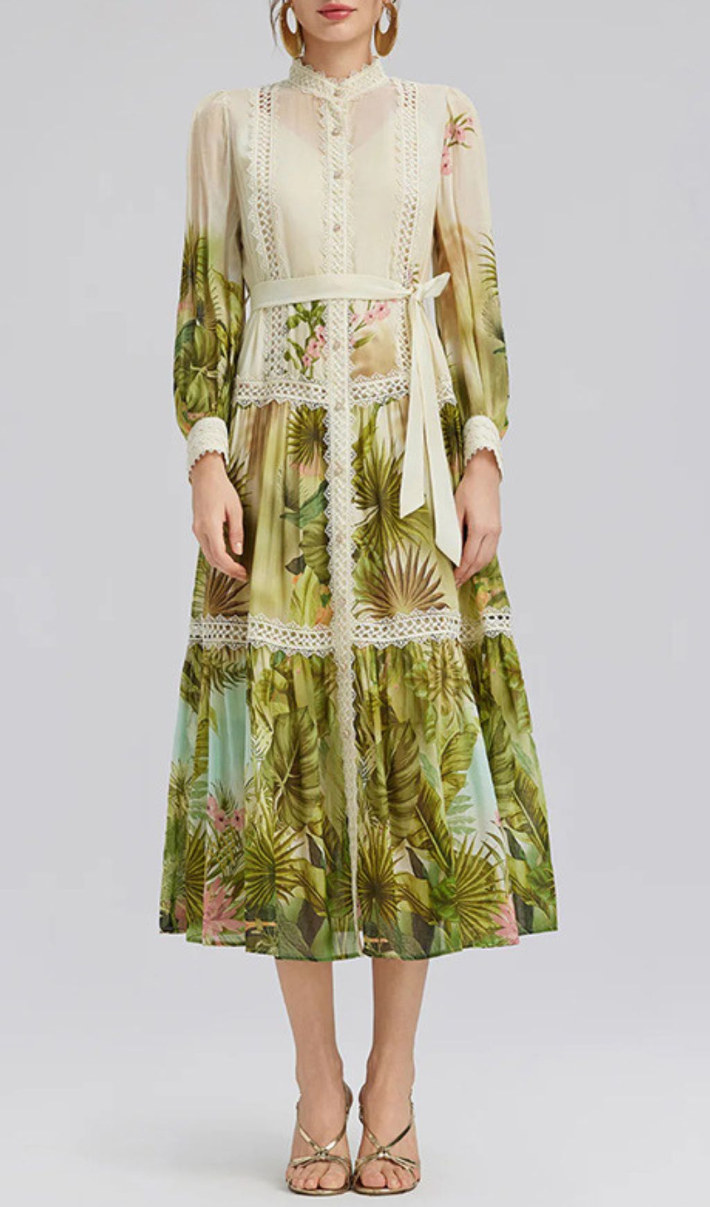 Fashionslee Women Hibiscus Printed Long Sleeve Midi Dress