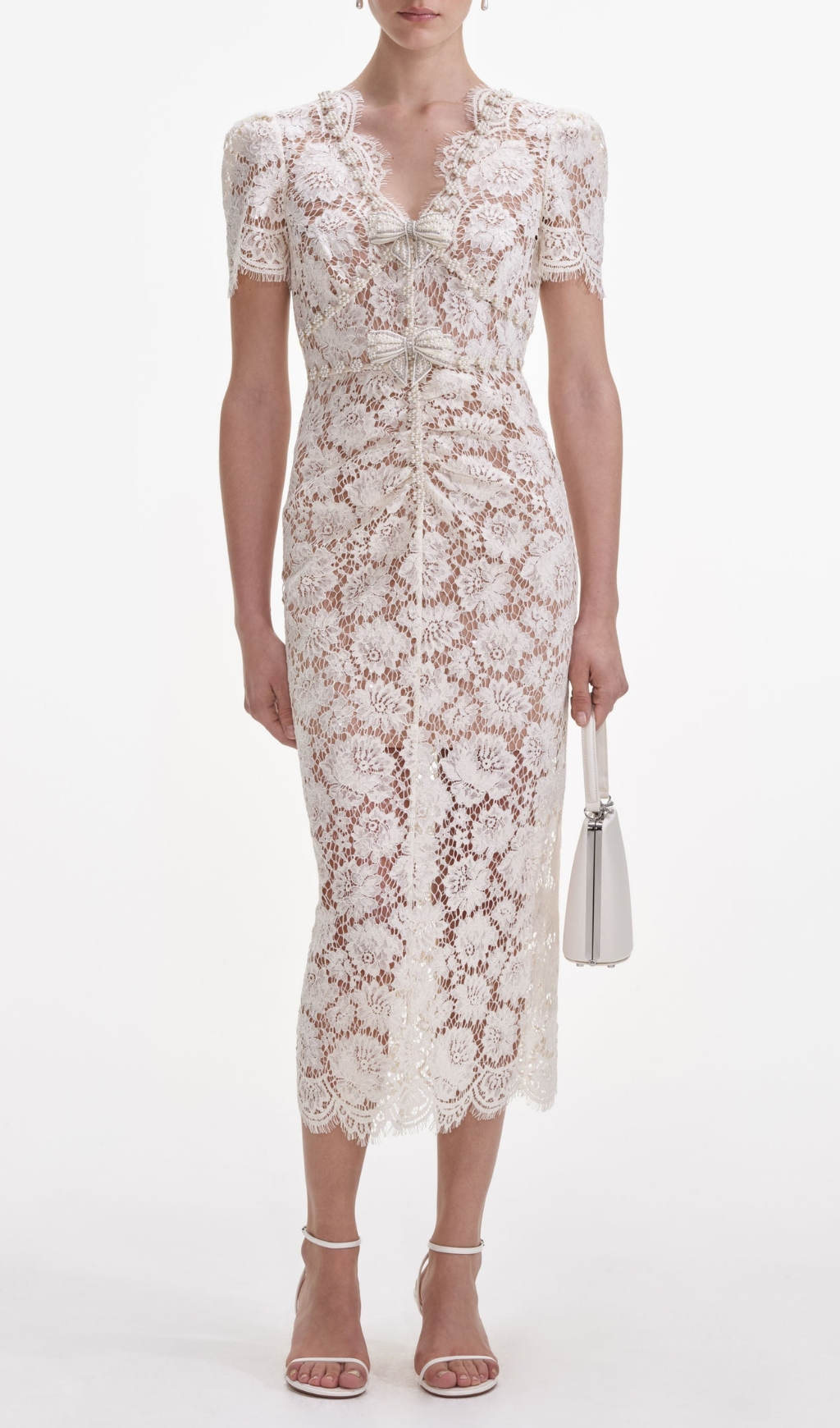 Fashionslee Women Cream Fine Lace Pearl Midi Dress