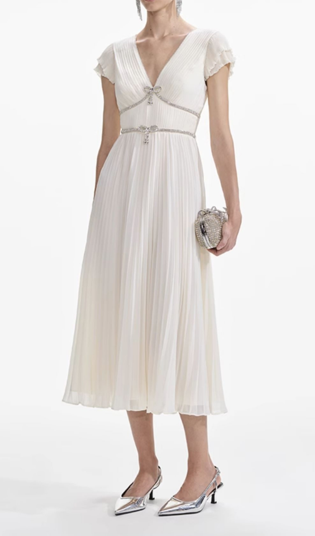 Fashionslee Women Eternity White V-Neck Bow Midi Dress