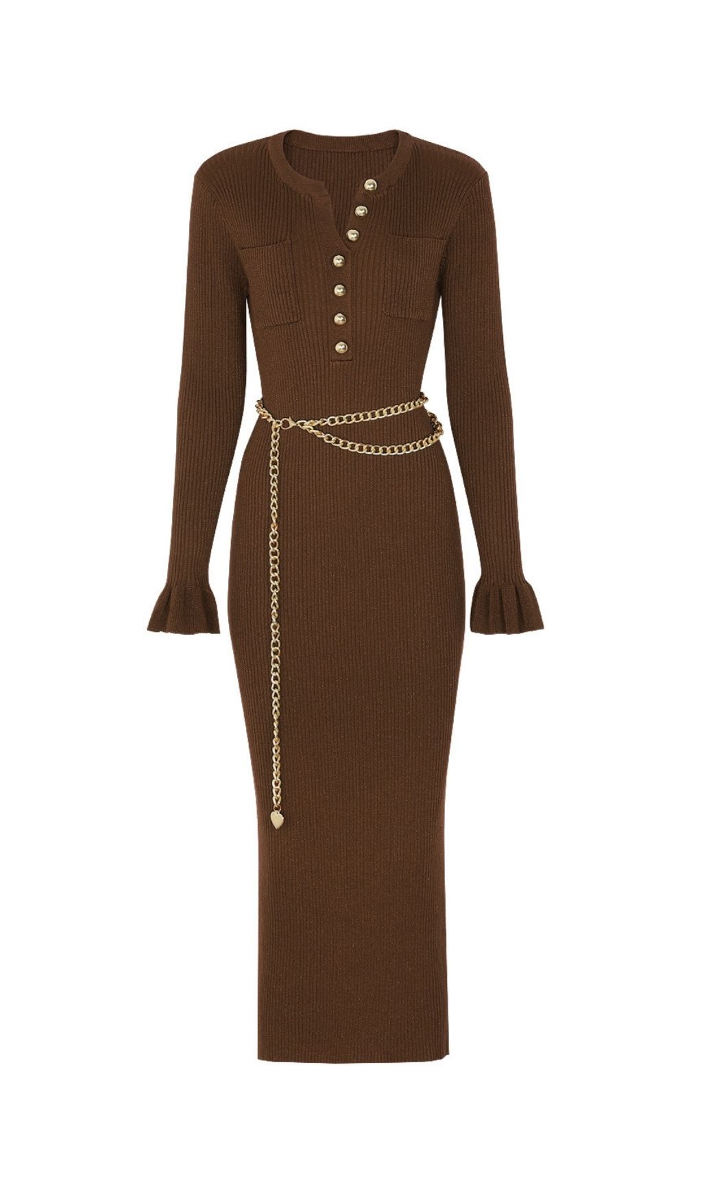 Fashionslee Women Kimani Coffee Knit Long Sleeve Dress With Chain