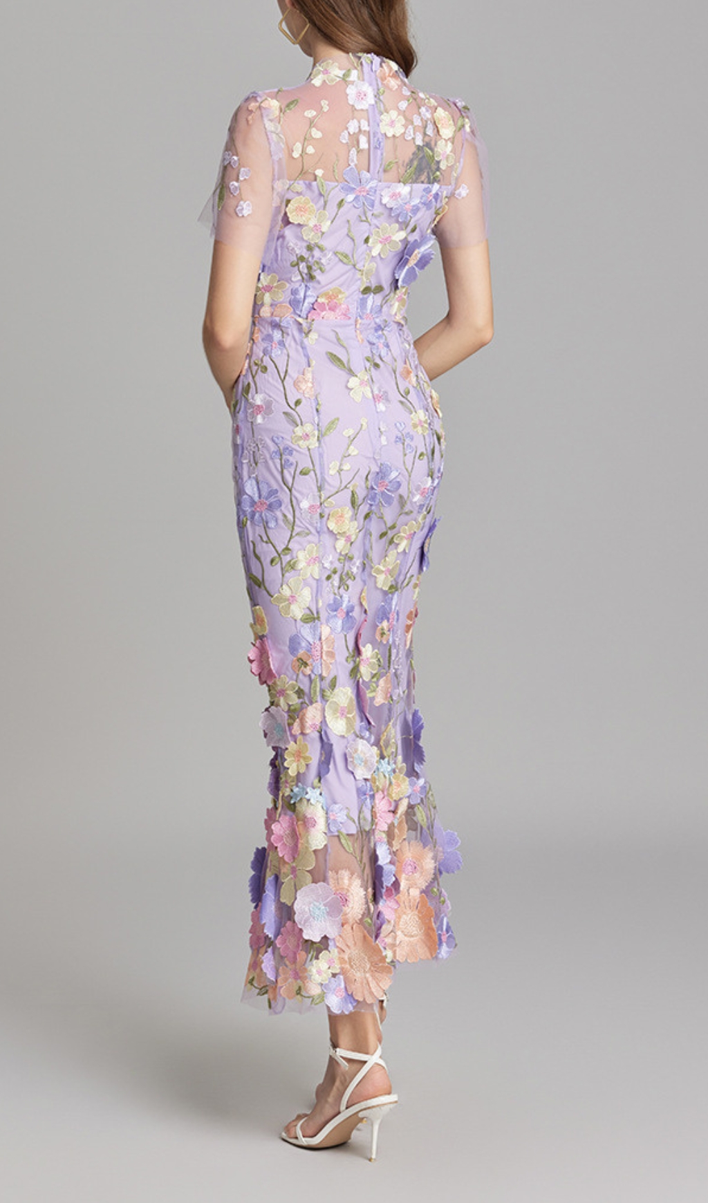 Fashionslee Women Carol Purple Floral Embroidery Mesh Fishtail Midi Dress