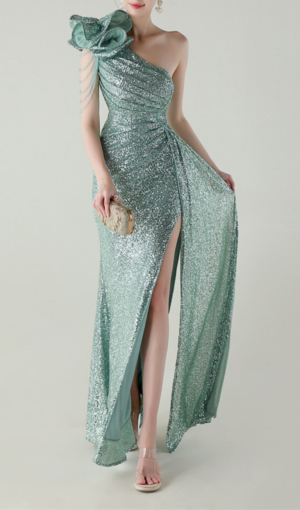 Fashionslee Women Ikia Green One-Shoulder Sequin Maxi Dress