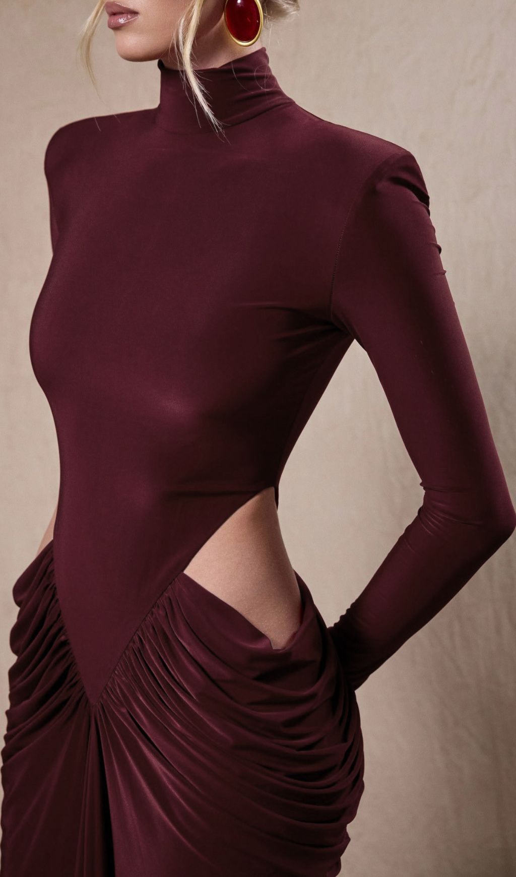 Fashionslee Women Jera Wine Long Sleeve Ruched Maxi Dress