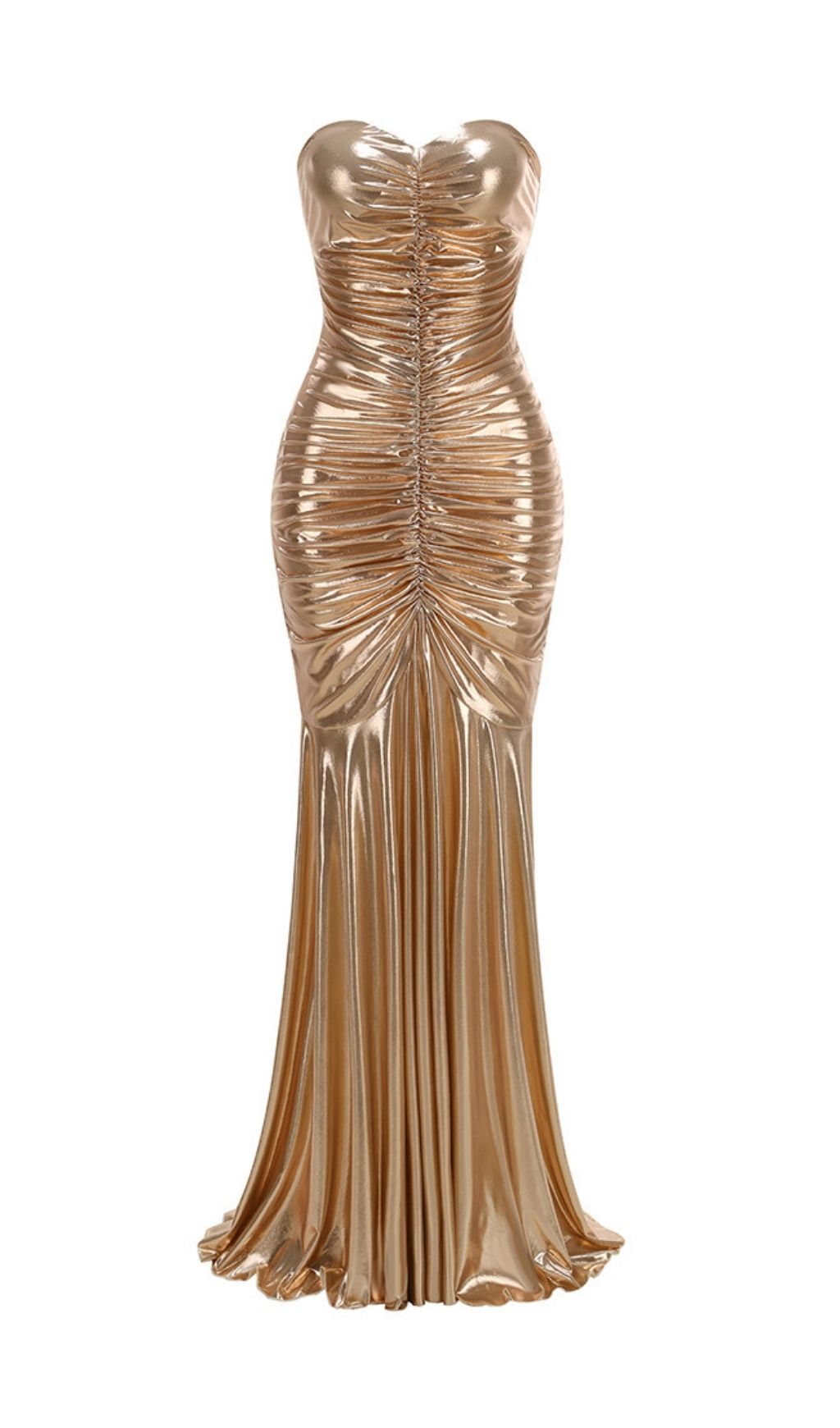 GOLD STRAPLESS RUCHED MAXI: TRENDING AESTHETIC DRESS - OWNCI