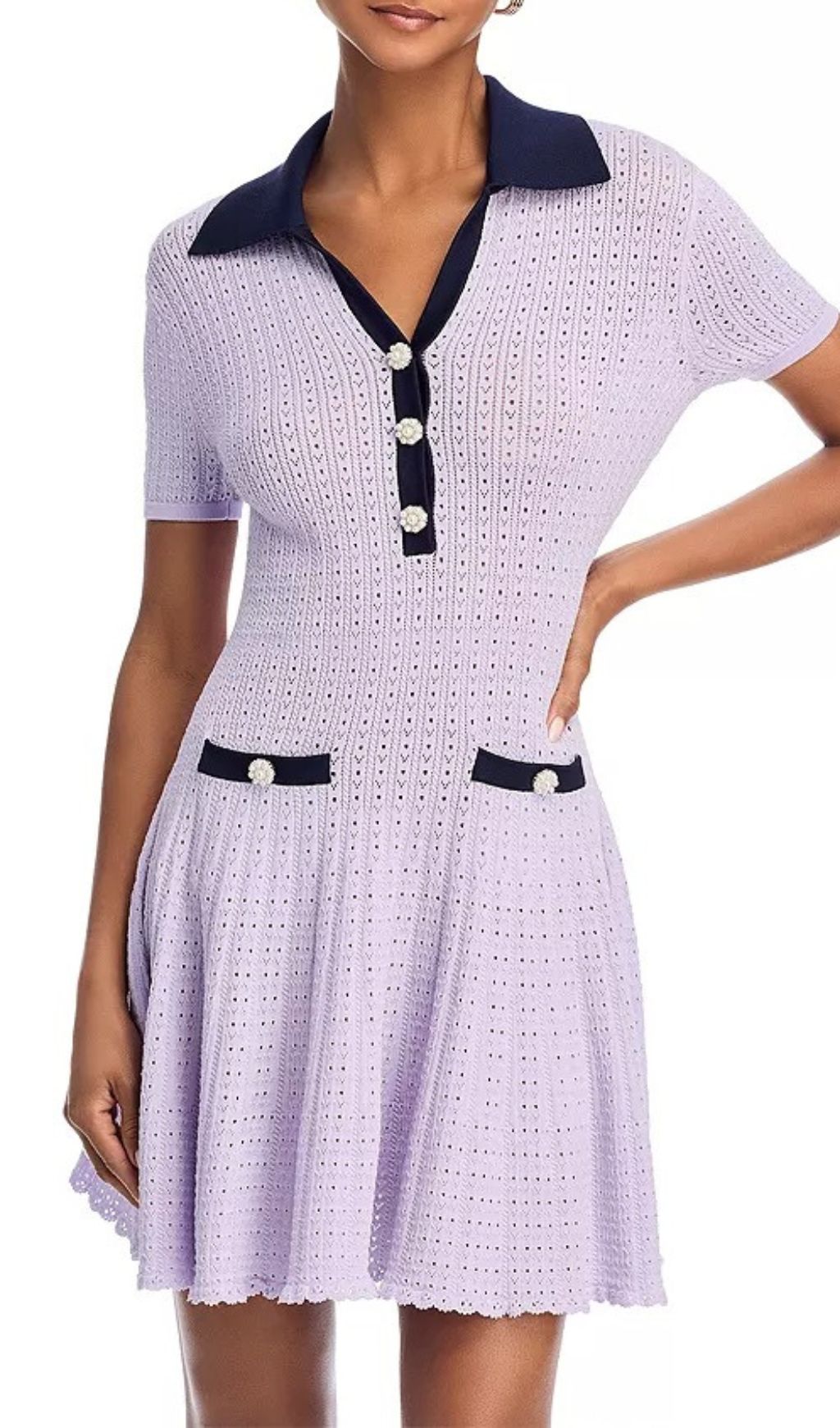 Fashionslee Women Lilac Pointelle Knit Mini Dress