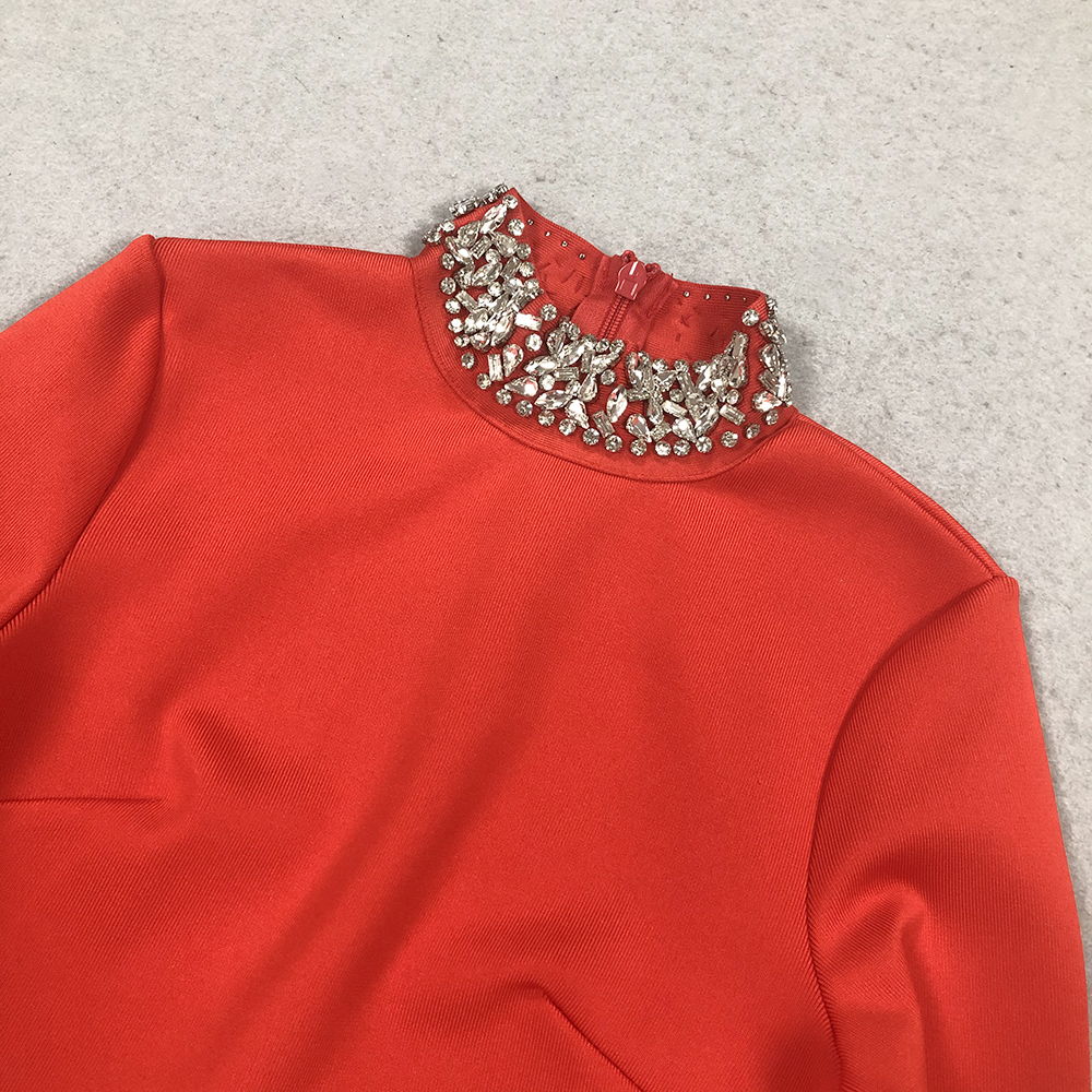 Fashionslee Women Bridie Red Long Sleeve Crystal Midi Dress