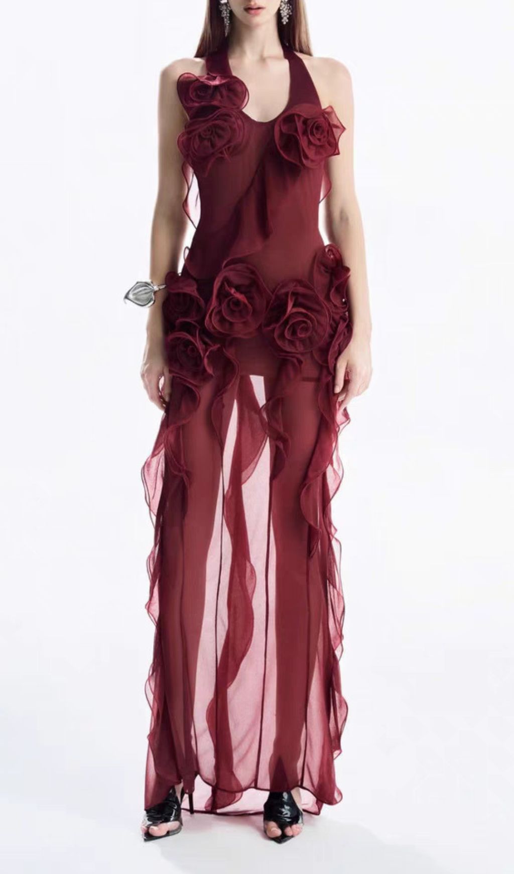 Fashionslee Women Hailey Red Halter Flower Maxi Dress