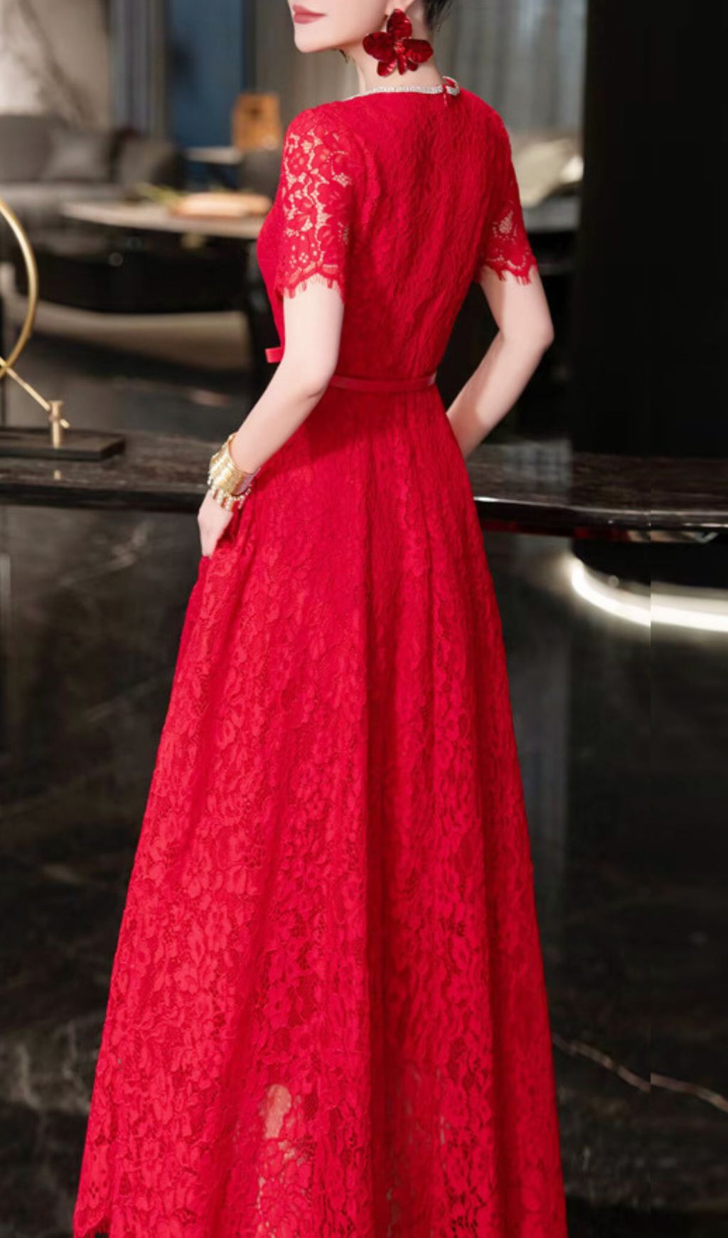 Fashionslee Women Hilary Red Lace Midi Dress